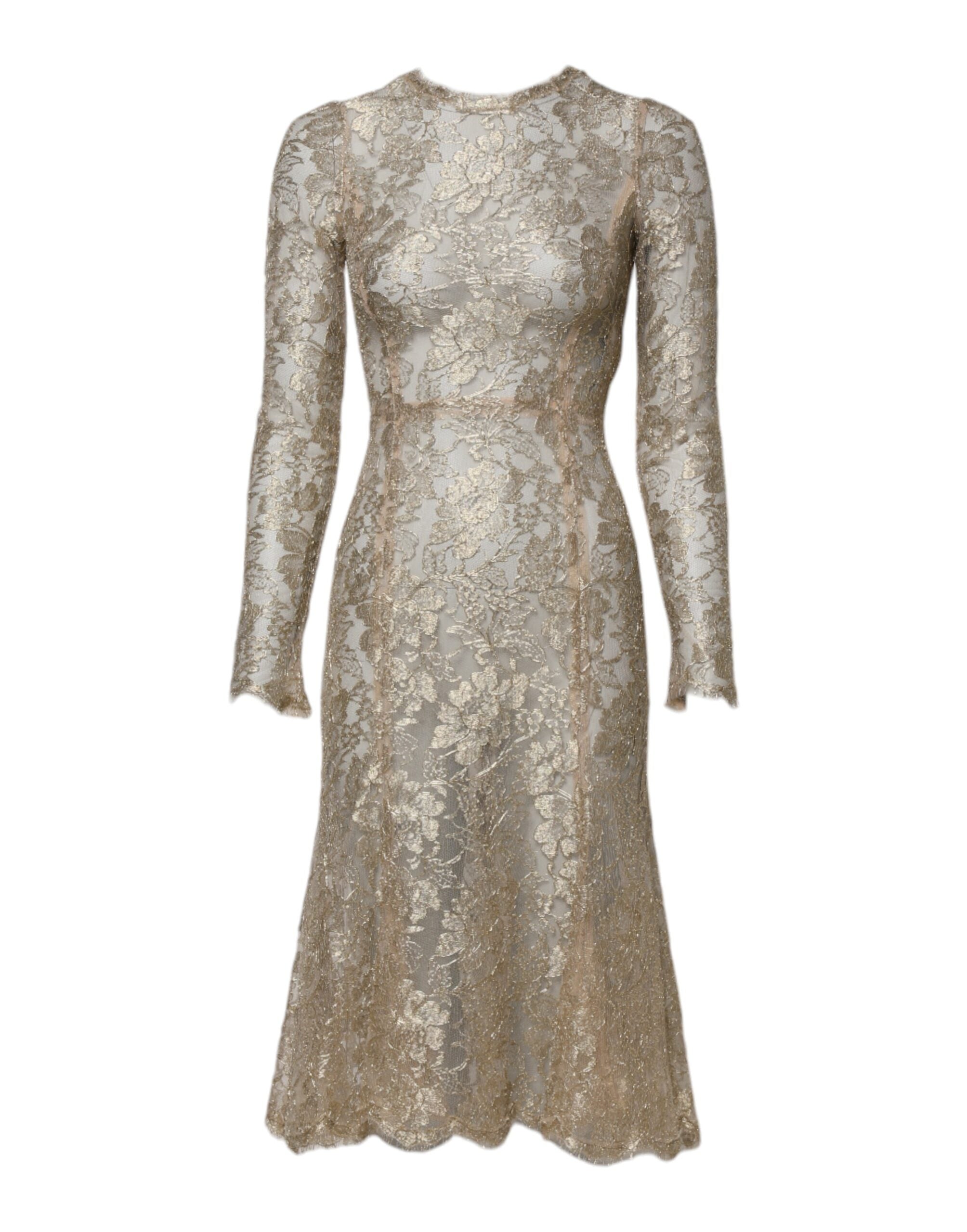 Dolce & Gabbana Gold Floral Lace Long Sleeves Fit & Flare Women's Dress