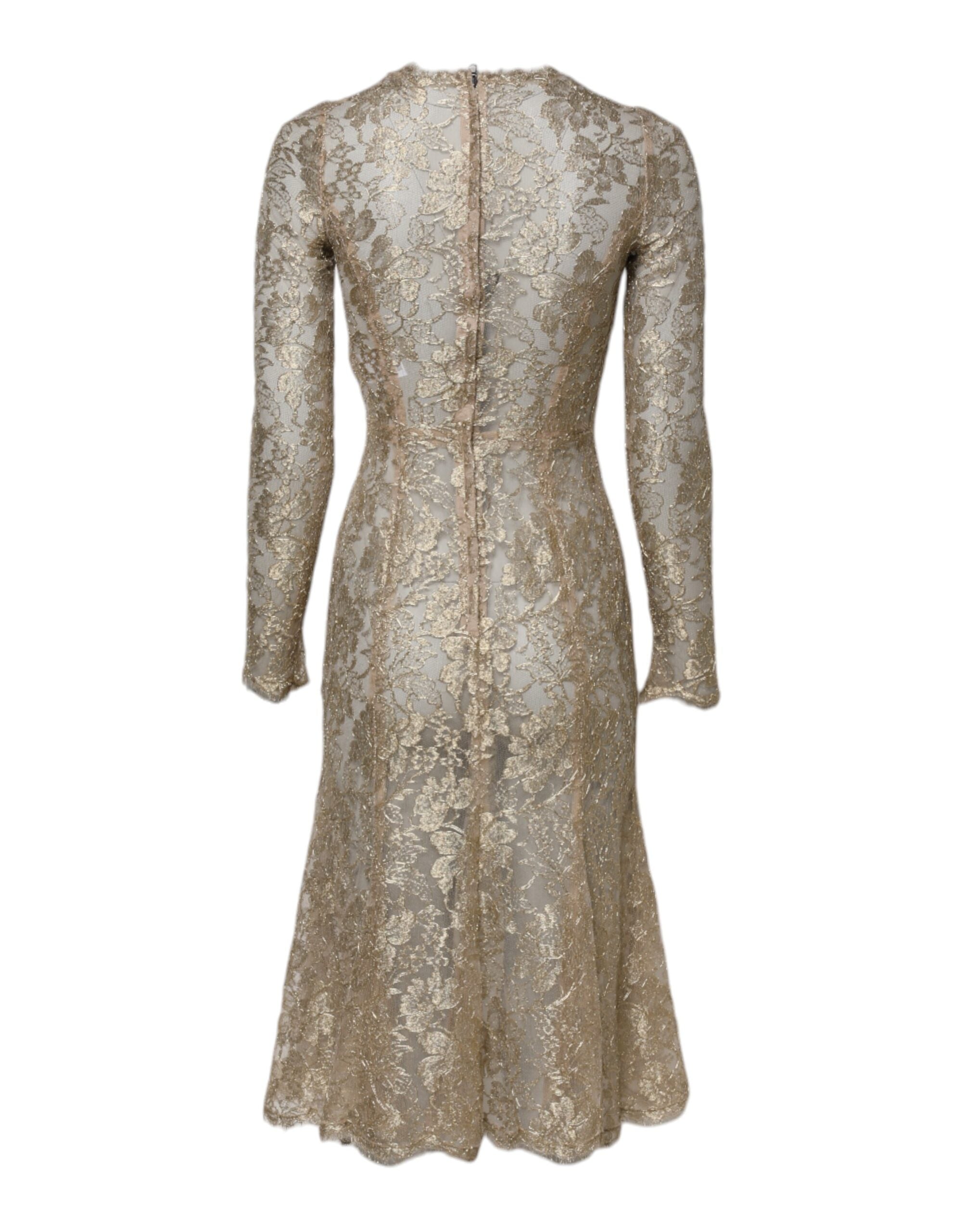 Dolce & Gabbana Gold Floral Lace Long Sleeves Fit & Flare Women's Dress