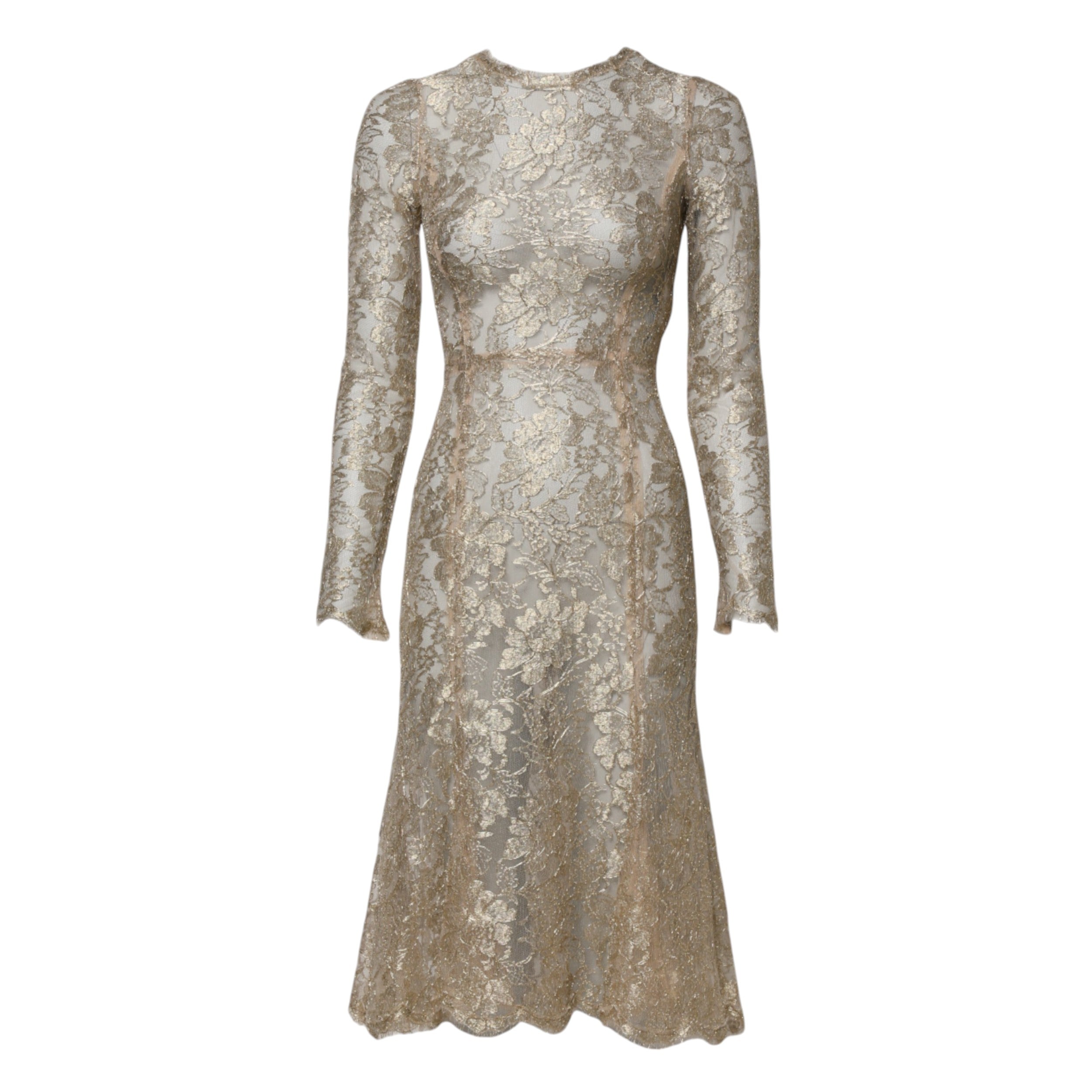 Dolce & Gabbana Gold Floral Lace Long Sleeves Fit & Flare Women's Dress