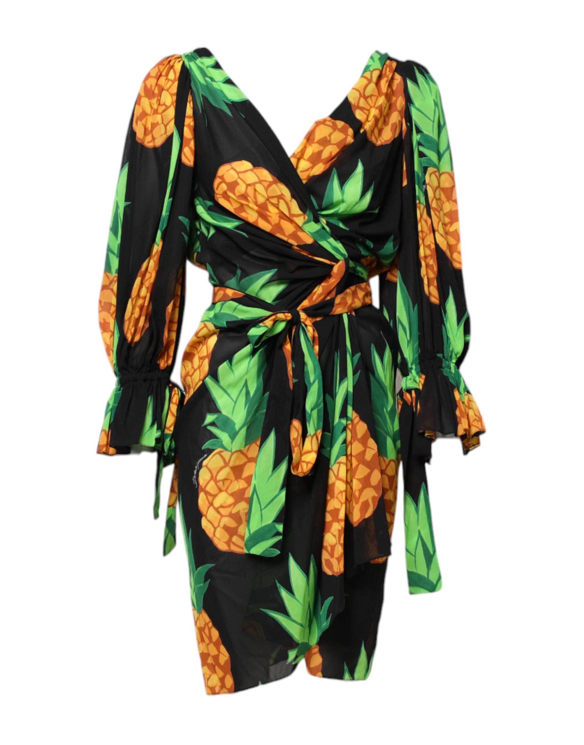 Dolce & Gabbana Black Pineapple Print Silk Wrap Mini Women's Dress