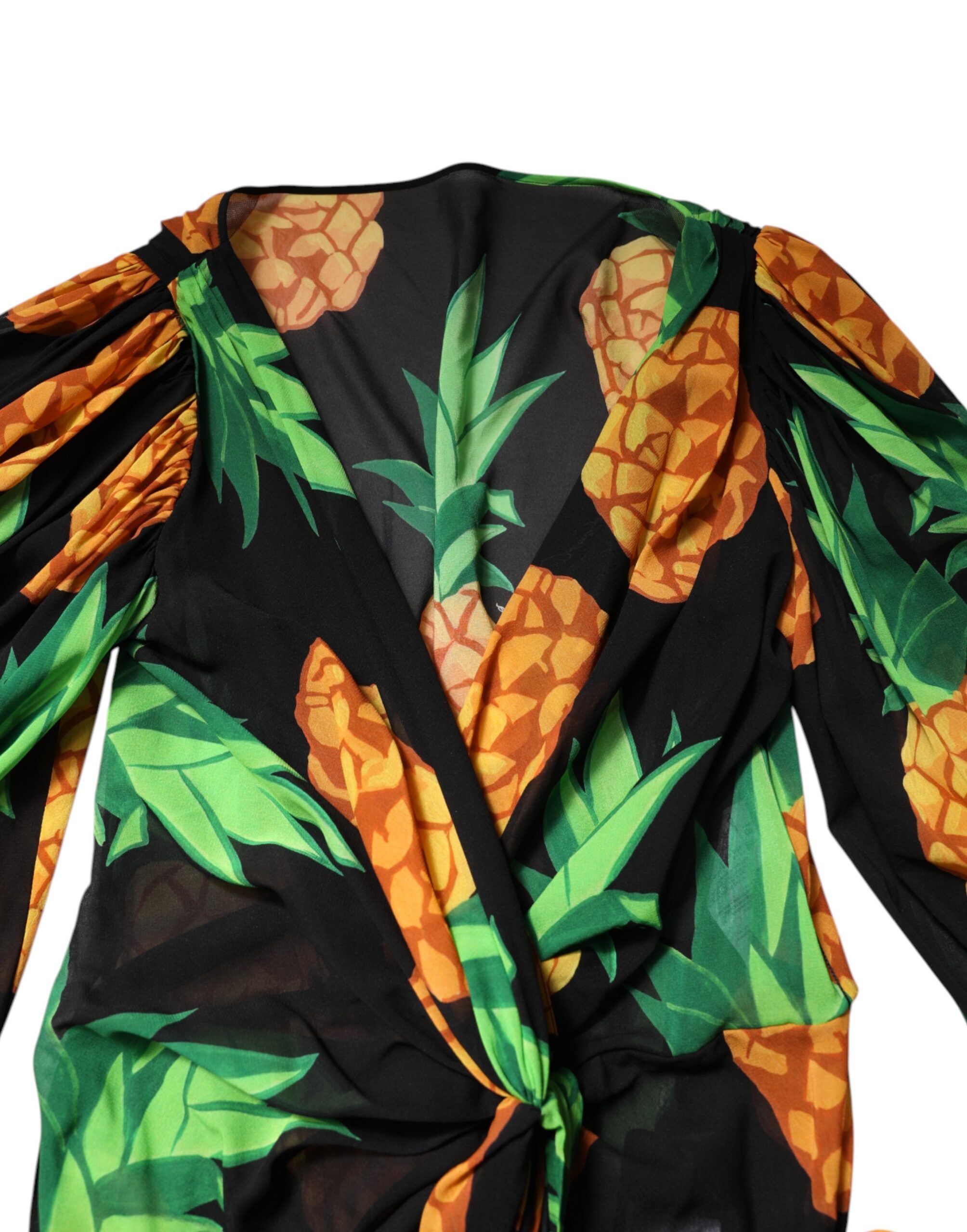 Dolce & Gabbana Black Pineapple Print Silk Wrap Mini Women's Dress