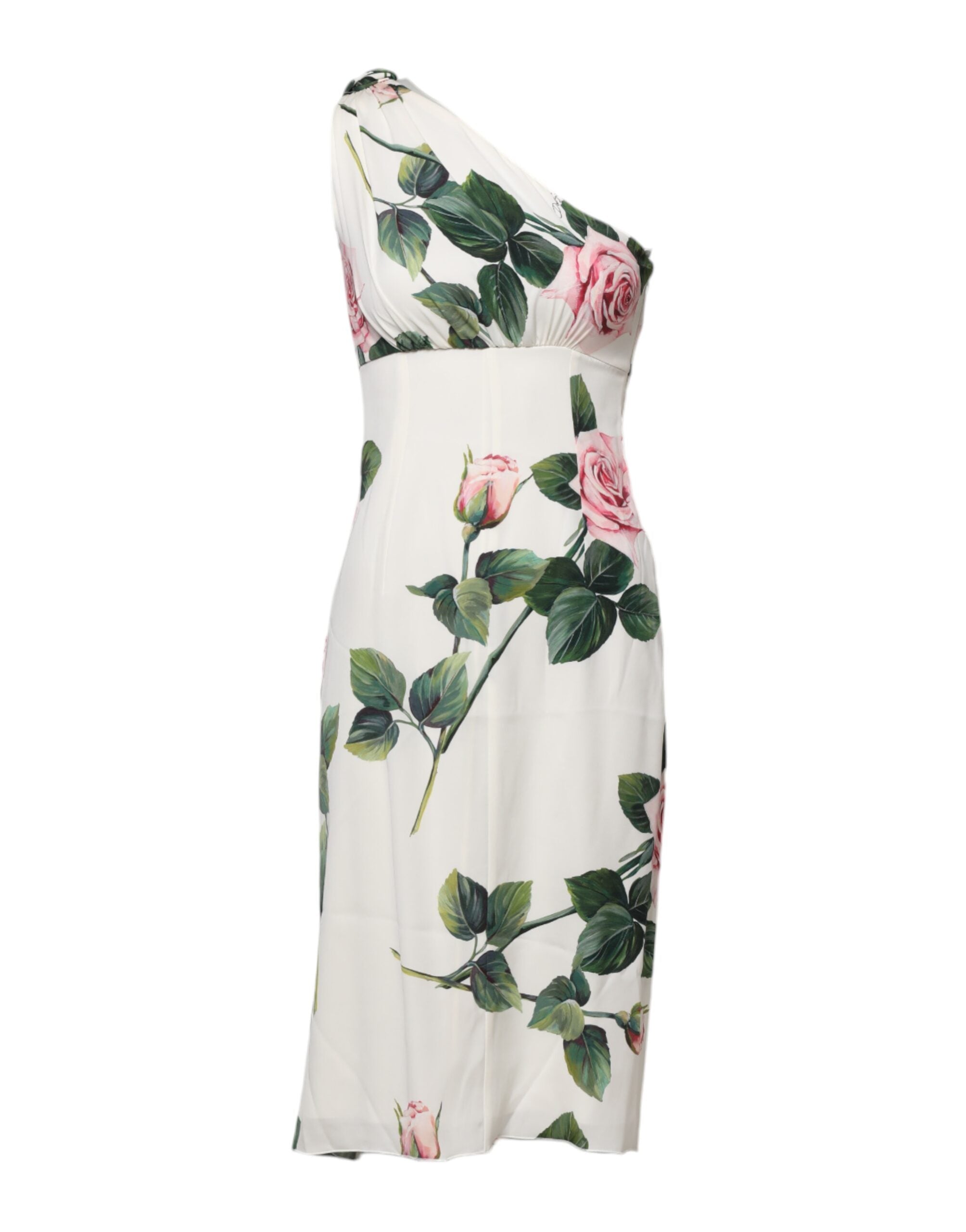 Dolce & Gabbana White Floral One Shoulder Sheath Midi Women's Dress