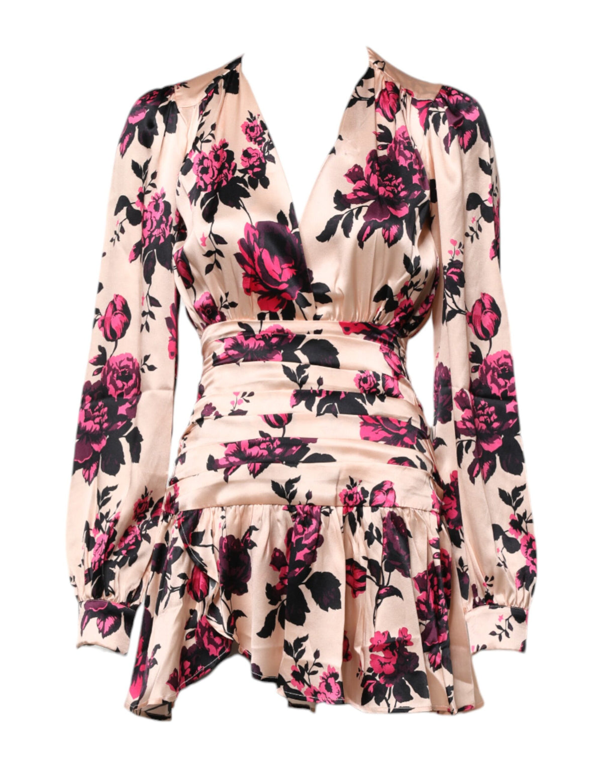 Laneus Pink Floral Silk Long Sleeves V-neck Wrap Mini Women's Dress (Pre-Owned)