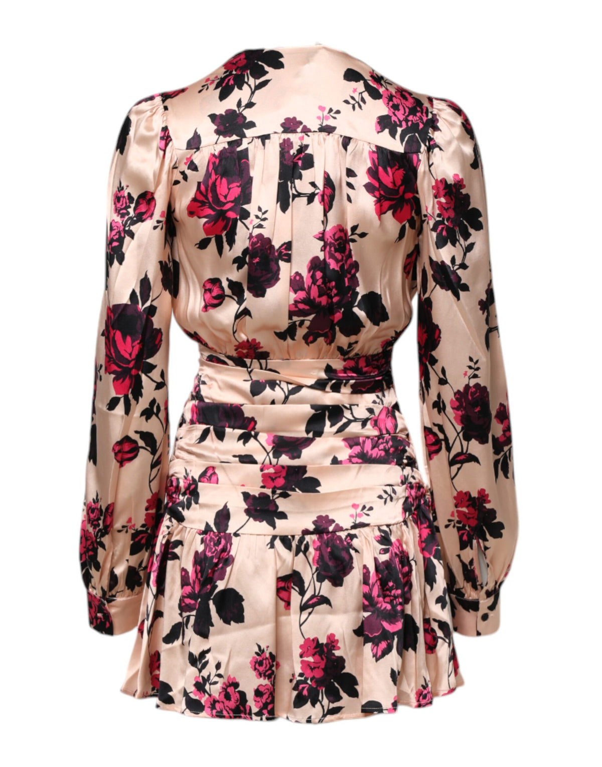 Laneus Pink Floral Silk Long Sleeves V-neck Wrap Mini Women's Dress (Pre-Owned)