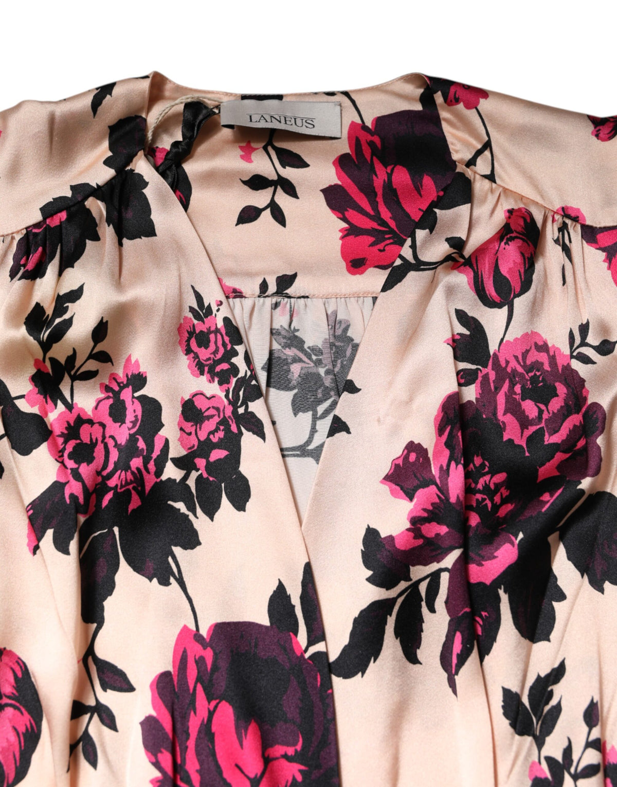 Laneus Pink Floral Silk Long Sleeves V-neck Wrap Mini Women's Dress (Pre-Owned)