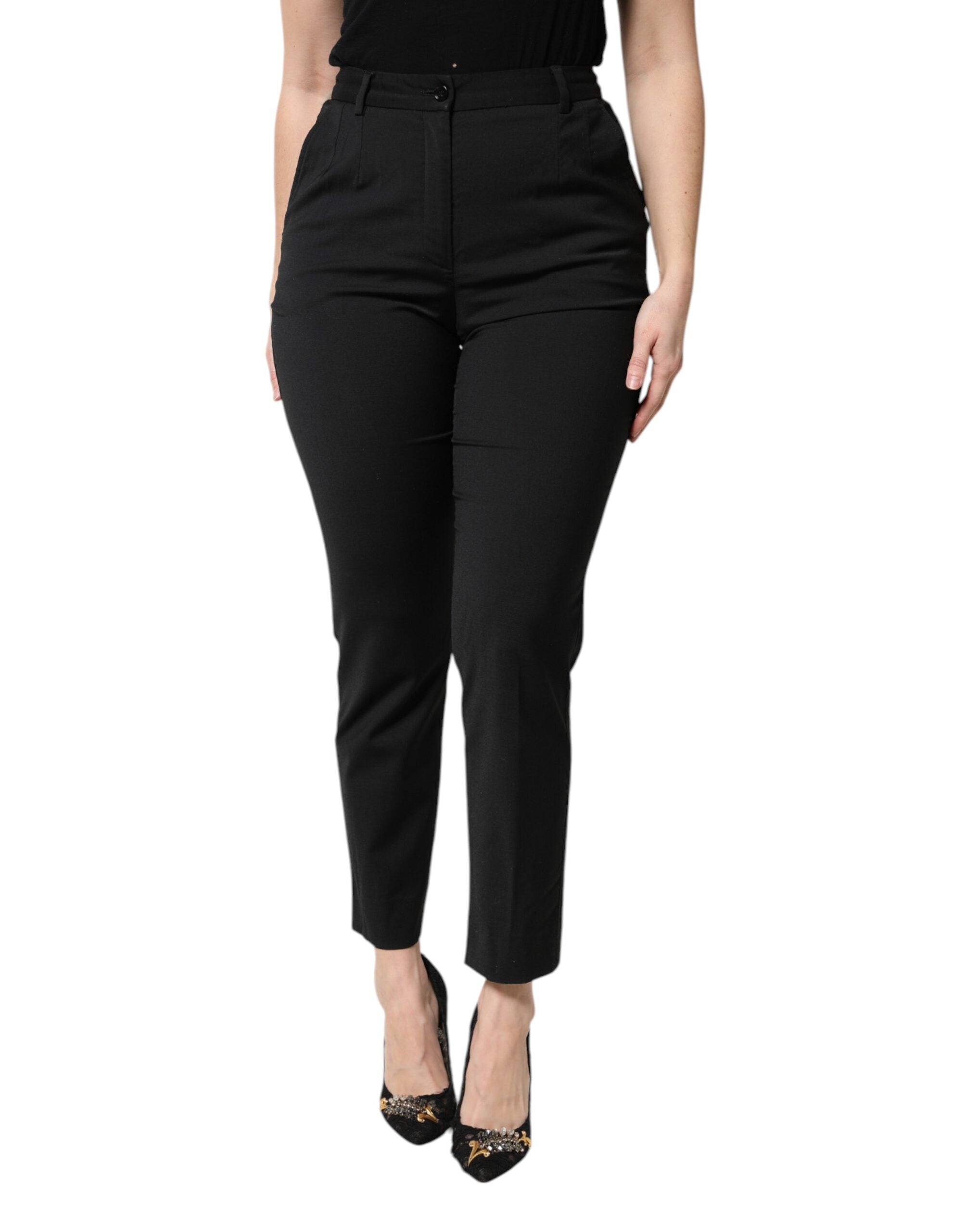 Dolce & Gabbana Black Polyester High Waist Slim Women's Pants (Pre-Owned)
