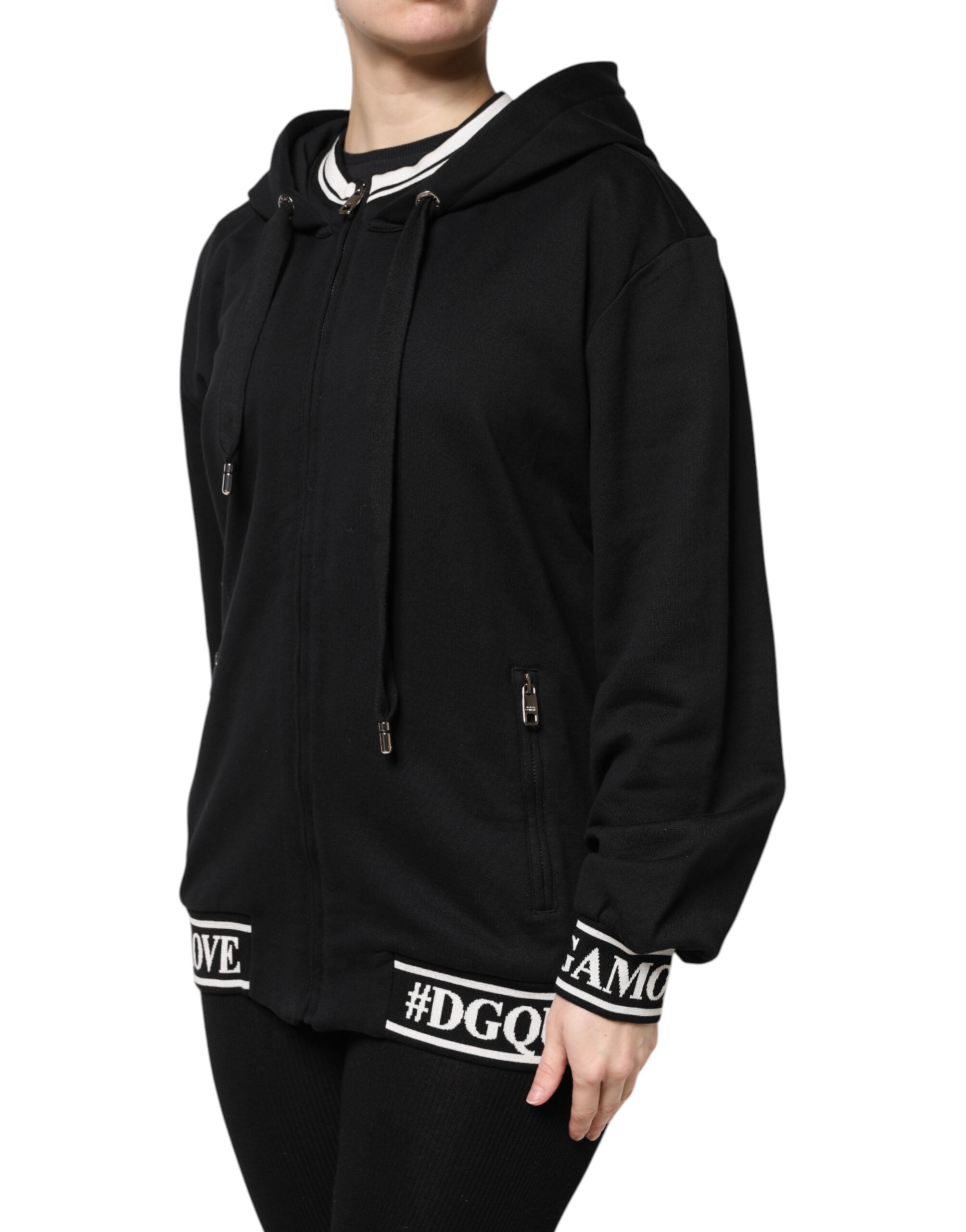 Dolce & Gabbana Black Cotton Hooded Full Zip Sweatshirt Women's Sweater
