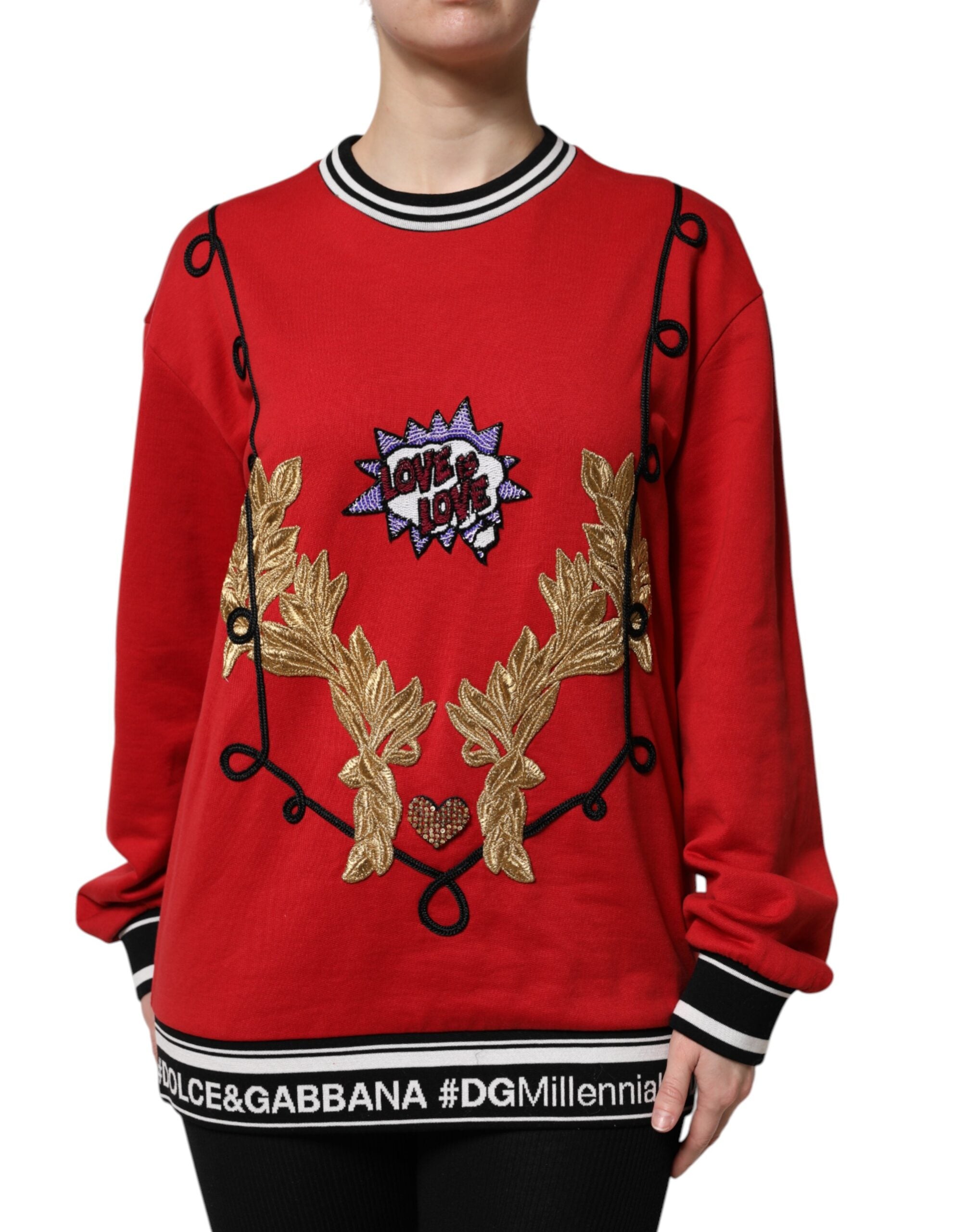 Dolce & Gabbana Red Cotton Queen Sequined Pullover Women's Sweater