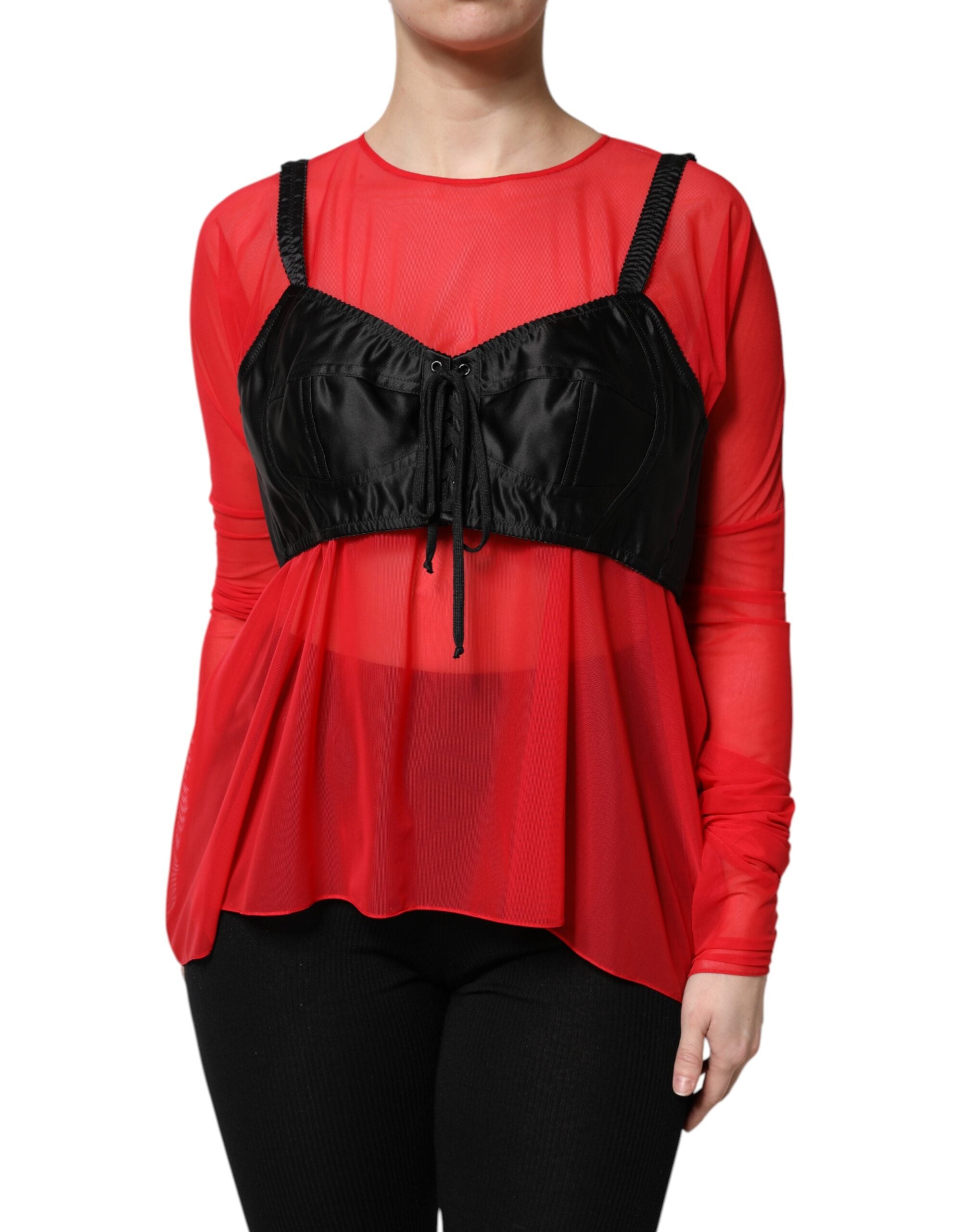 Dolce & Gabbana Red Black Bustier Detailing Long Sleeves Women's Top