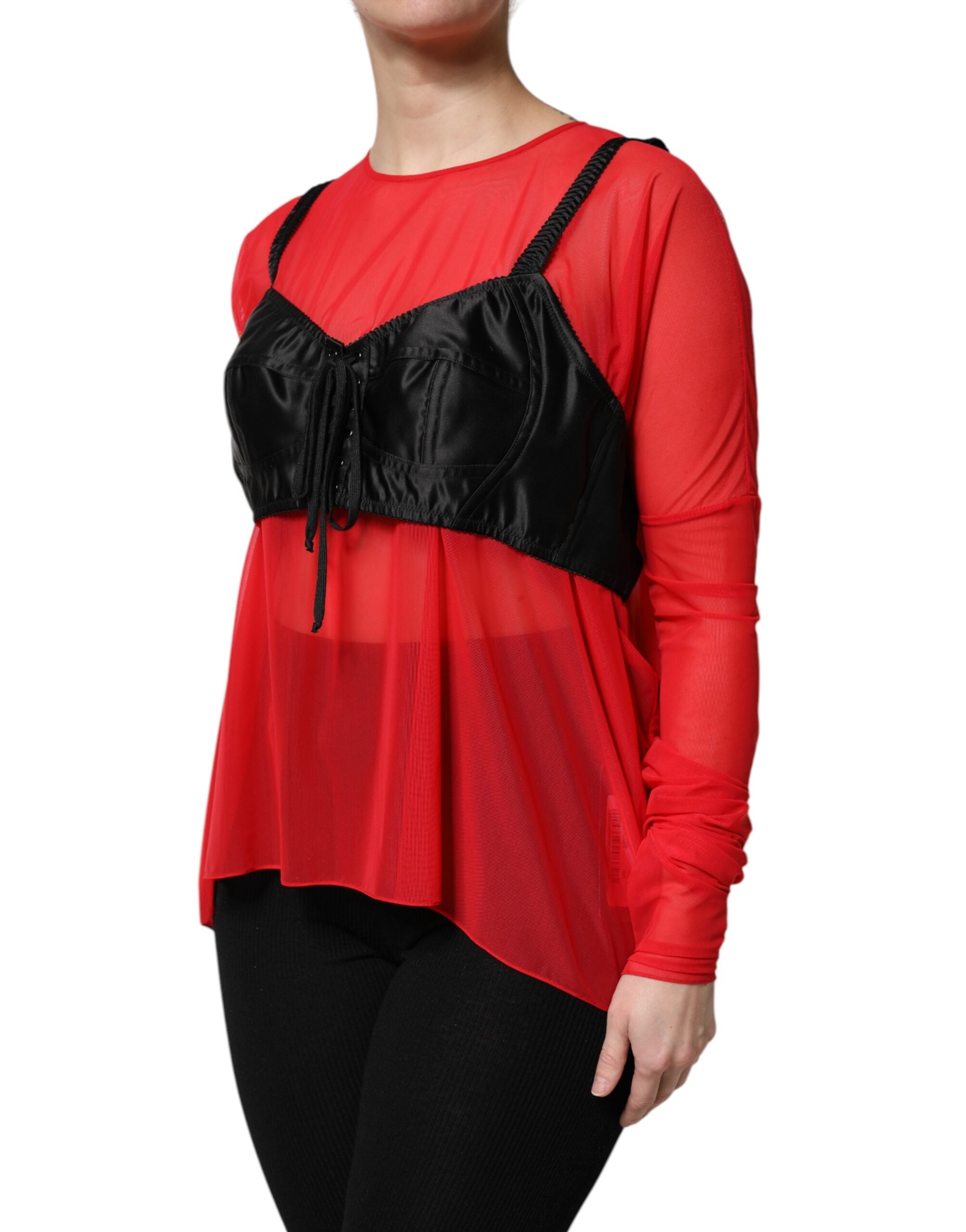 Dolce & Gabbana Red Black Bustier Detailing Long Sleeves Women's Top