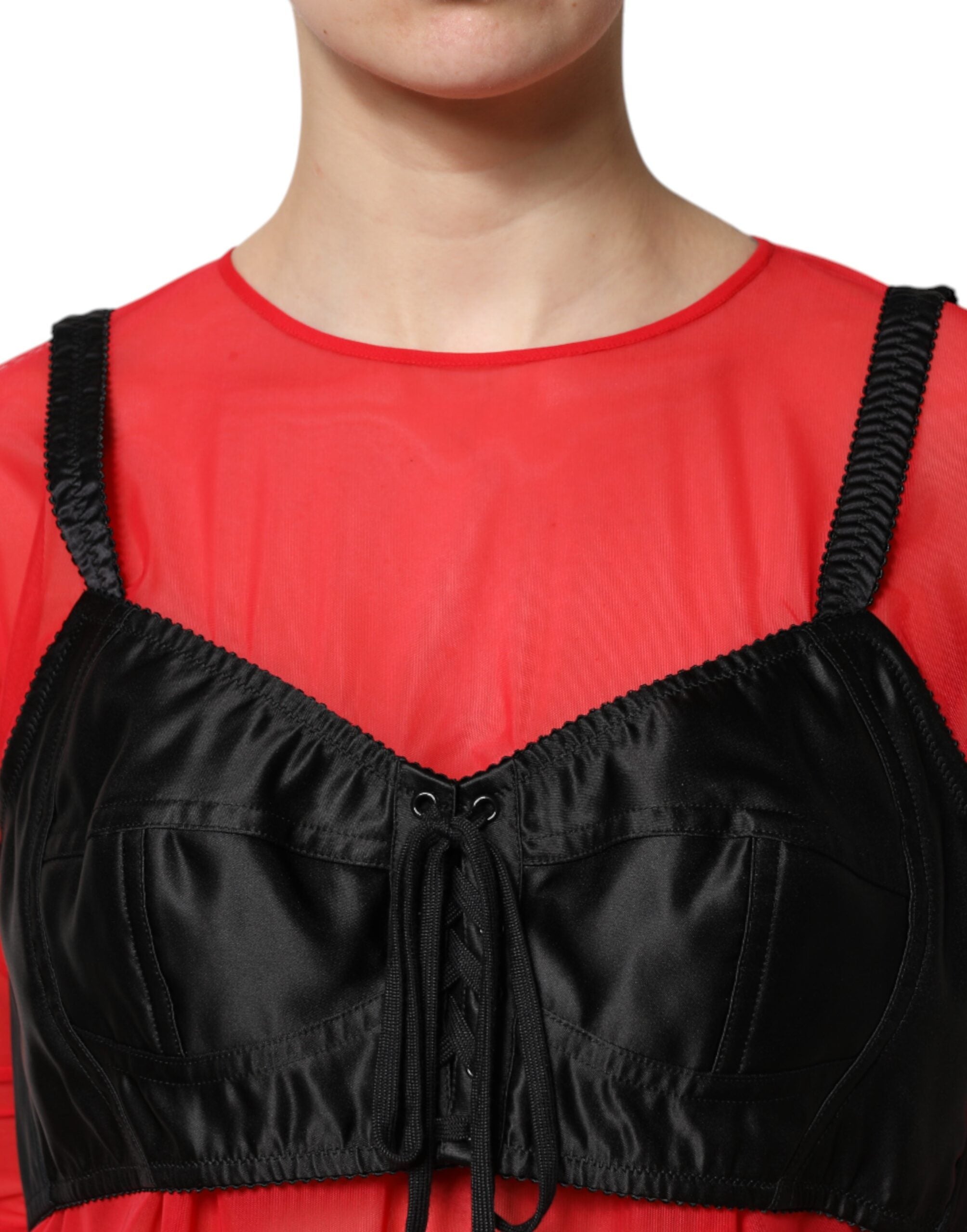 Dolce & Gabbana Red Black Bustier Detailing Long Sleeves Women's Top