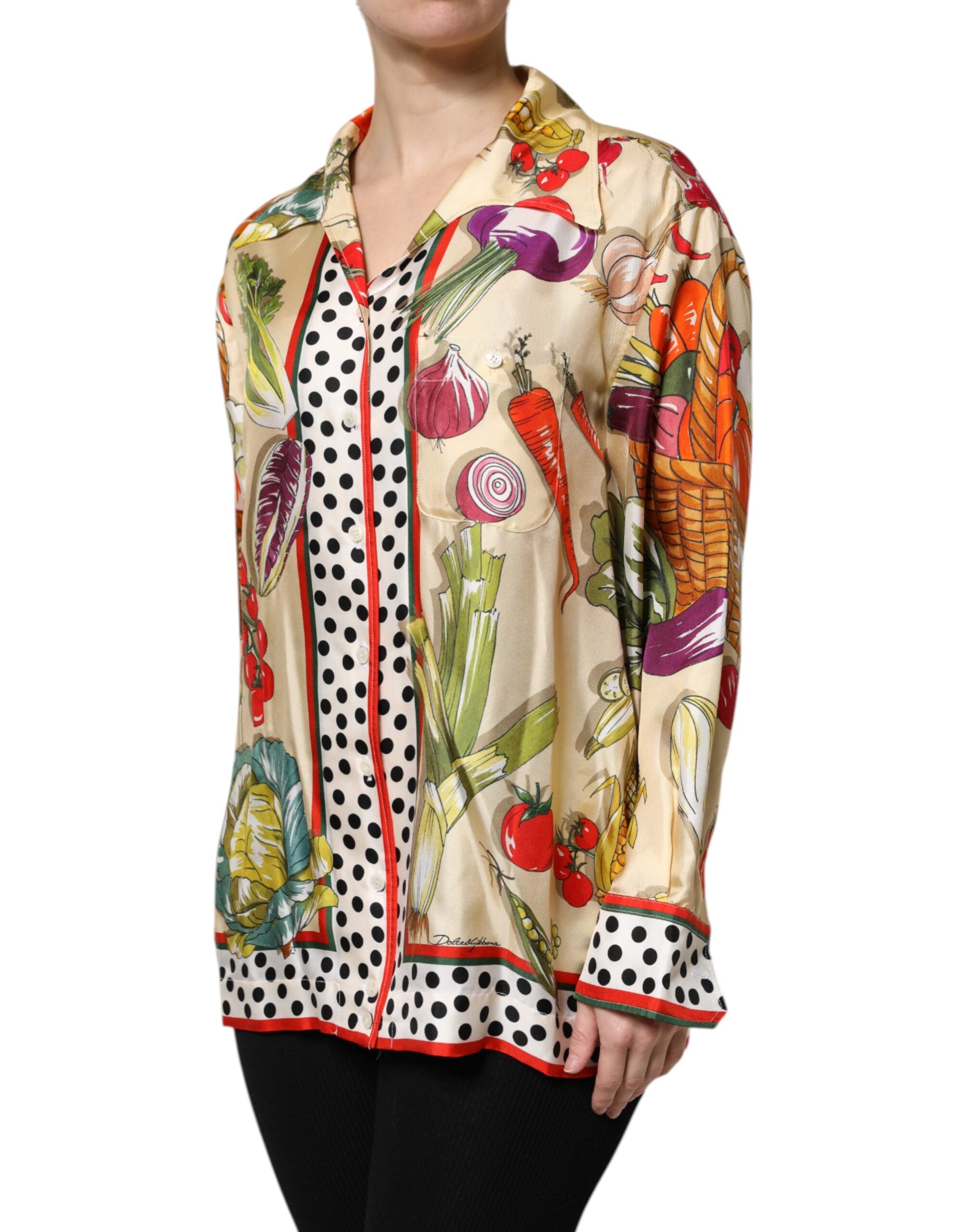 Dolce & Gabbana Multicolor Vegetables Silk Long Sleeves Women's Top