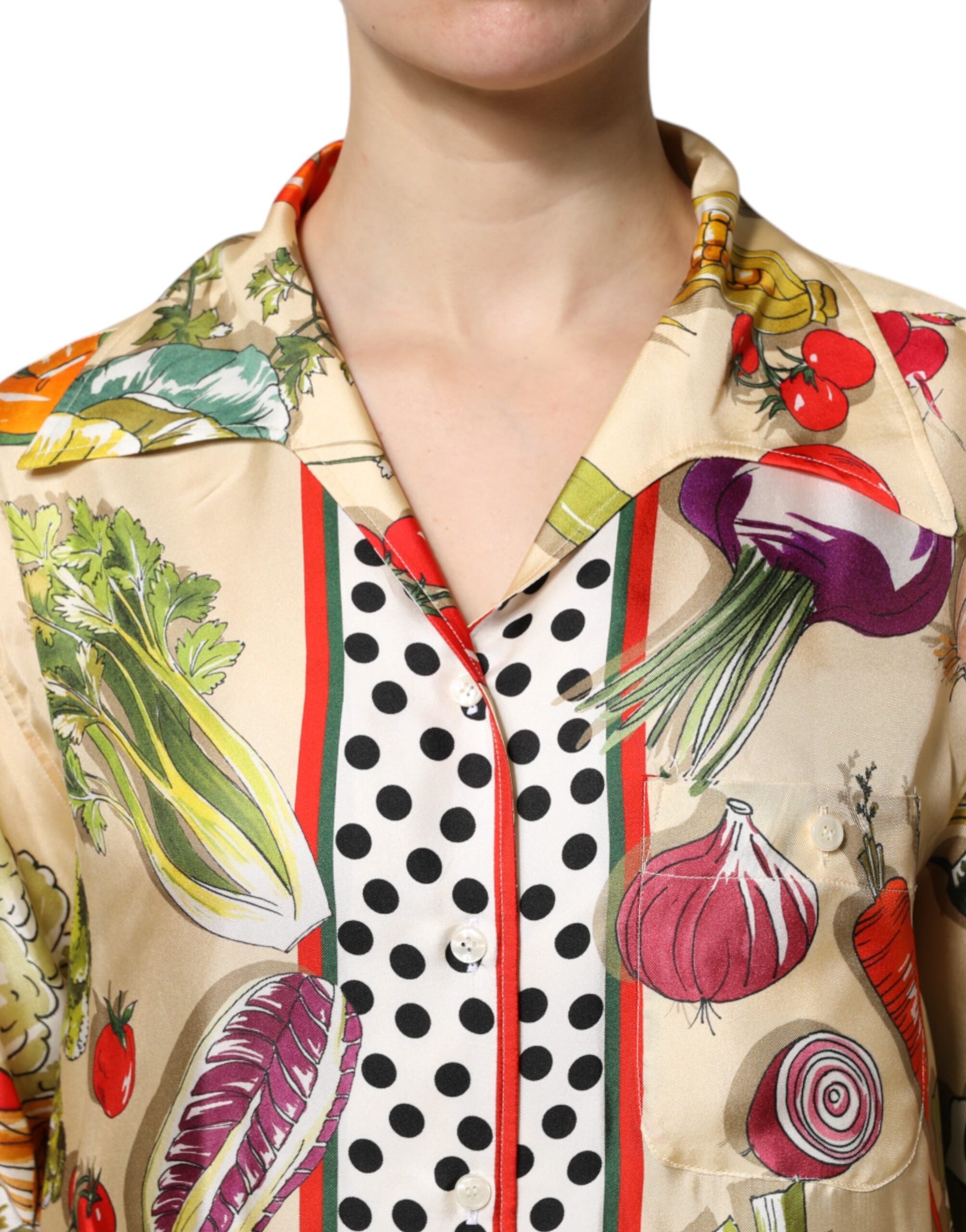 Dolce & Gabbana Multicolor Vegetables Silk Long Sleeves Women's Top