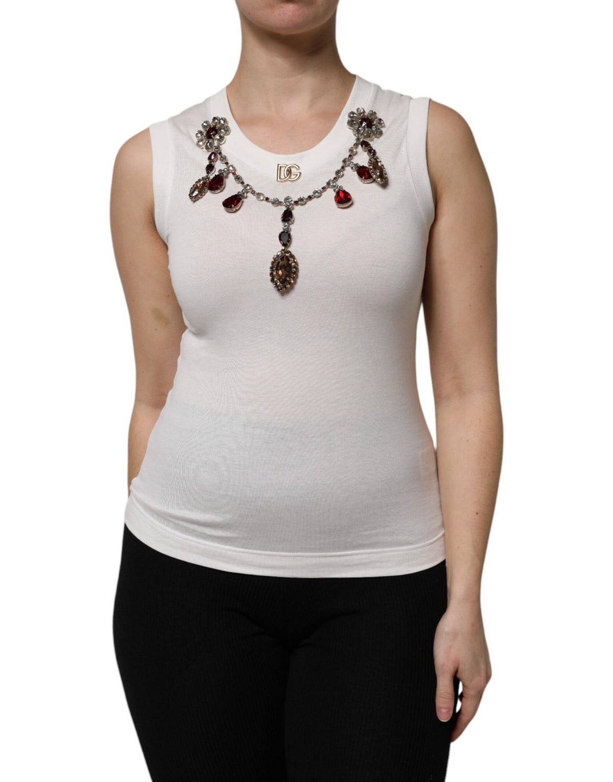 Dolce & Gabbana White Cotton Logo Crystal Detailing Tank Women's Top (Pre-Owned)