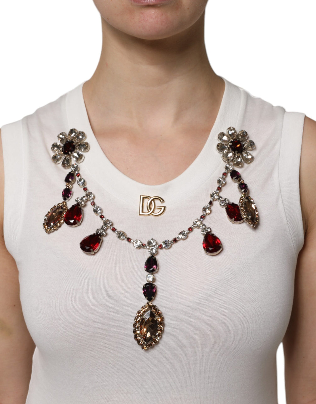 Dolce & Gabbana White Cotton Logo Crystal Detailing Tank Women's Top (Pre-Owned)