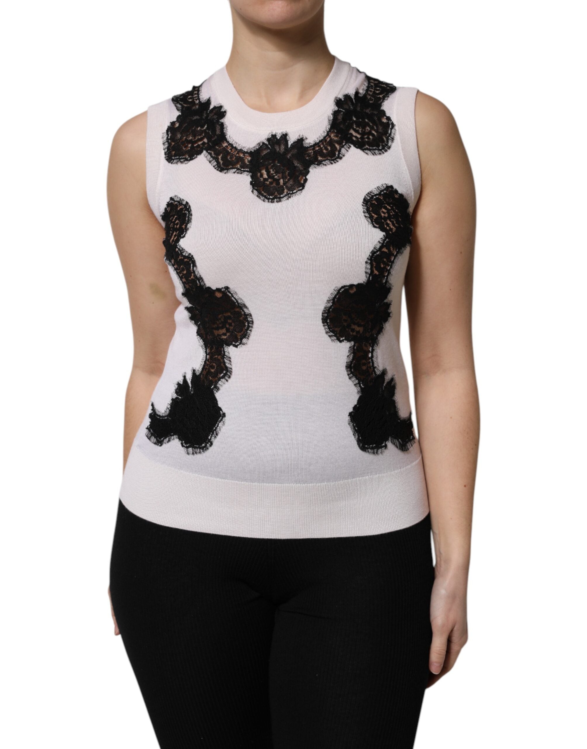 Dolce & Gabbana White Cashmere Floral Lace Detailing Tank Women's Top