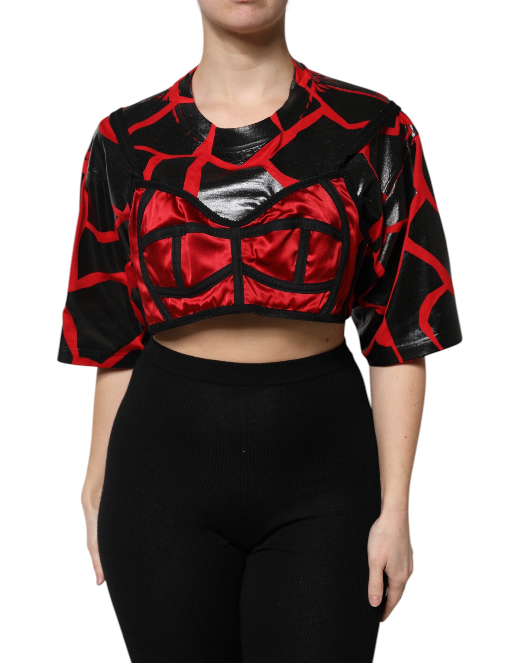 Dolce & Gabbana Red Black Cotton Bustier Detailing Cropped Women's Top
