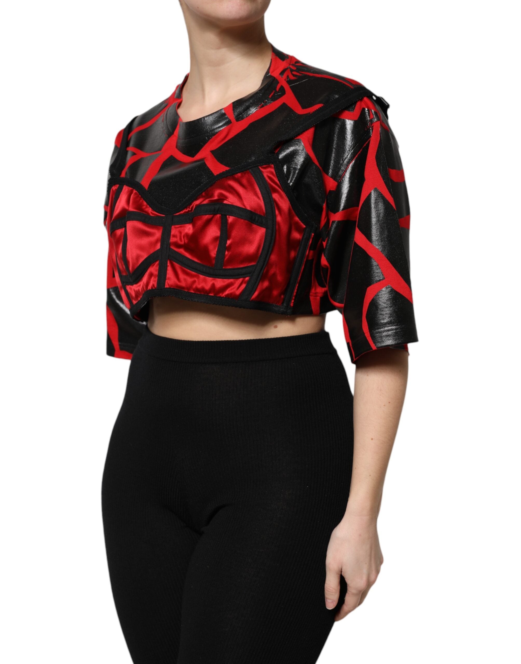 Dolce & Gabbana Red Black Cotton Bustier Detailing Cropped Women's Top