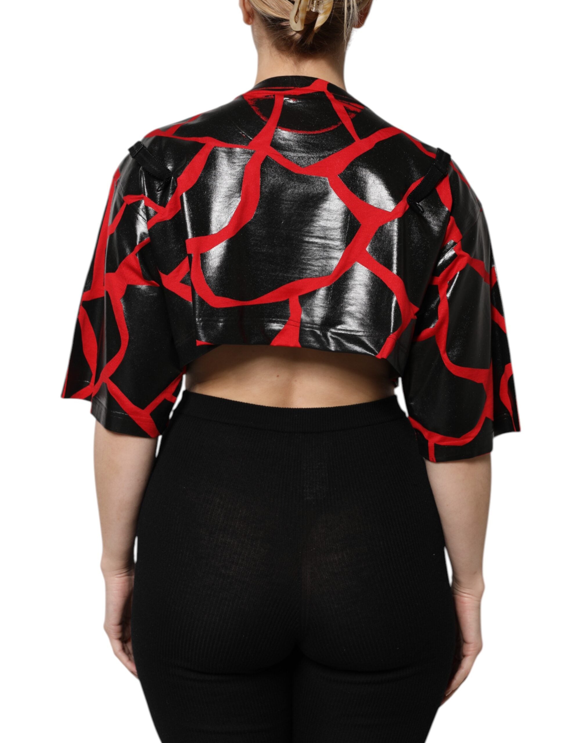 Dolce & Gabbana Red Black Cotton Bustier Detailing Cropped Women's Top