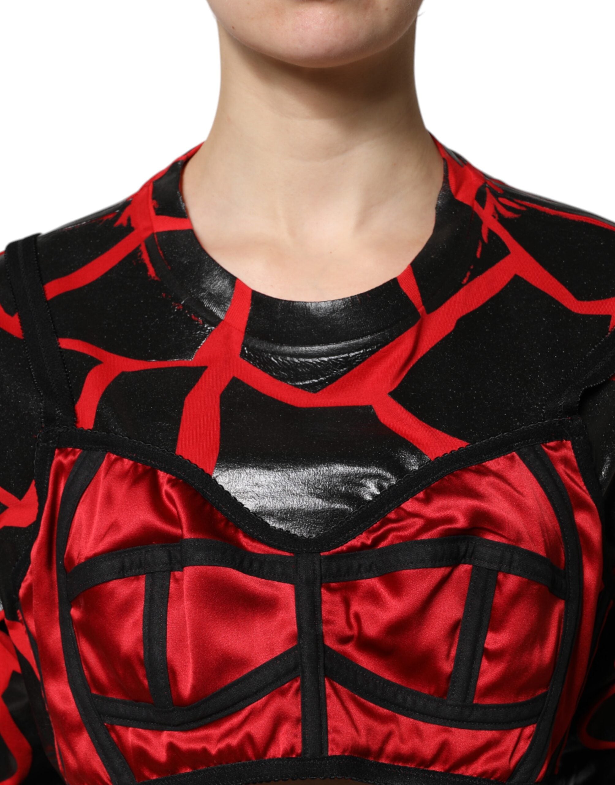 Dolce & Gabbana Red Black Cotton Bustier Detailing Cropped Women's Top