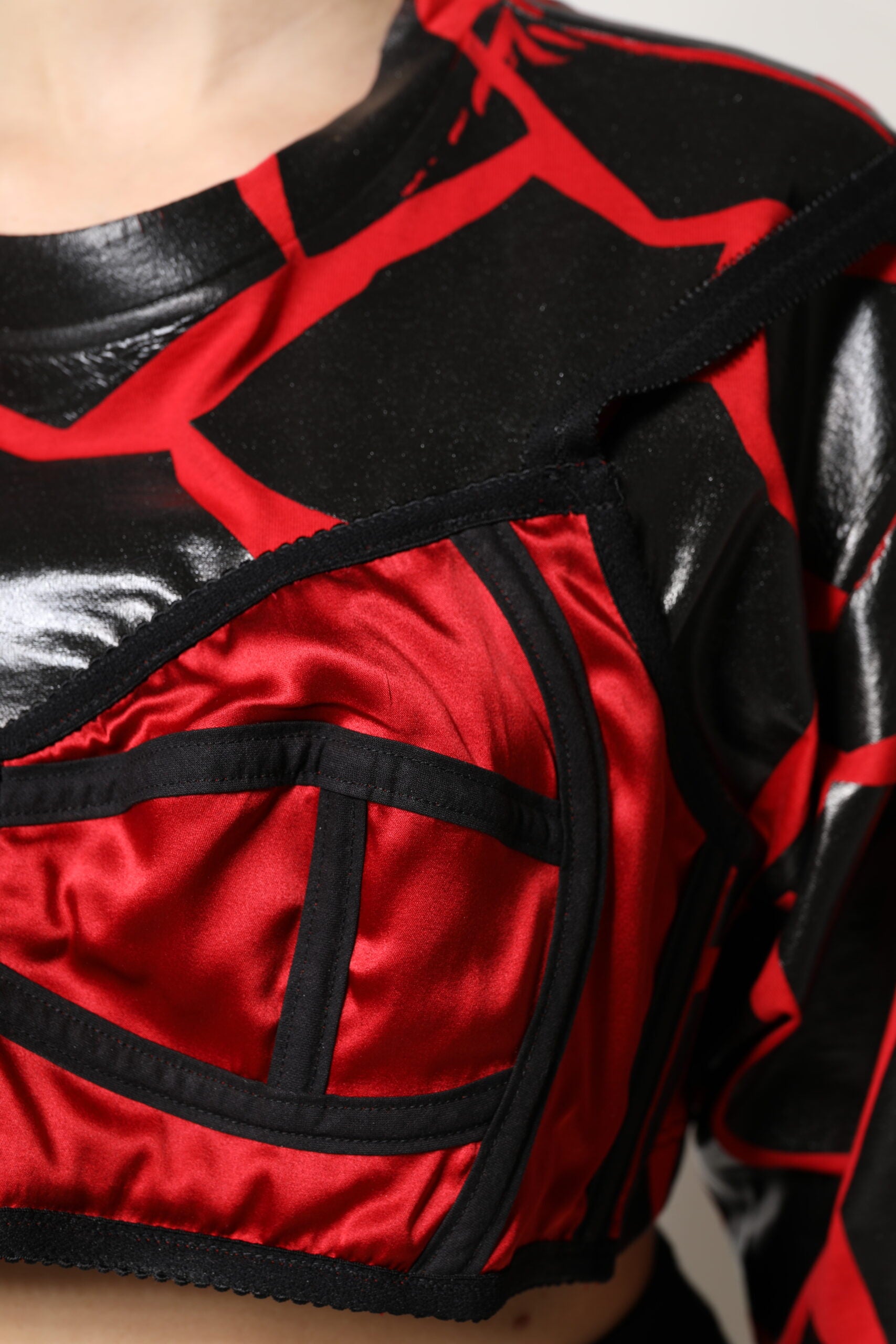 Dolce & Gabbana Red Black Cotton Bustier Detailing Cropped Women's Top