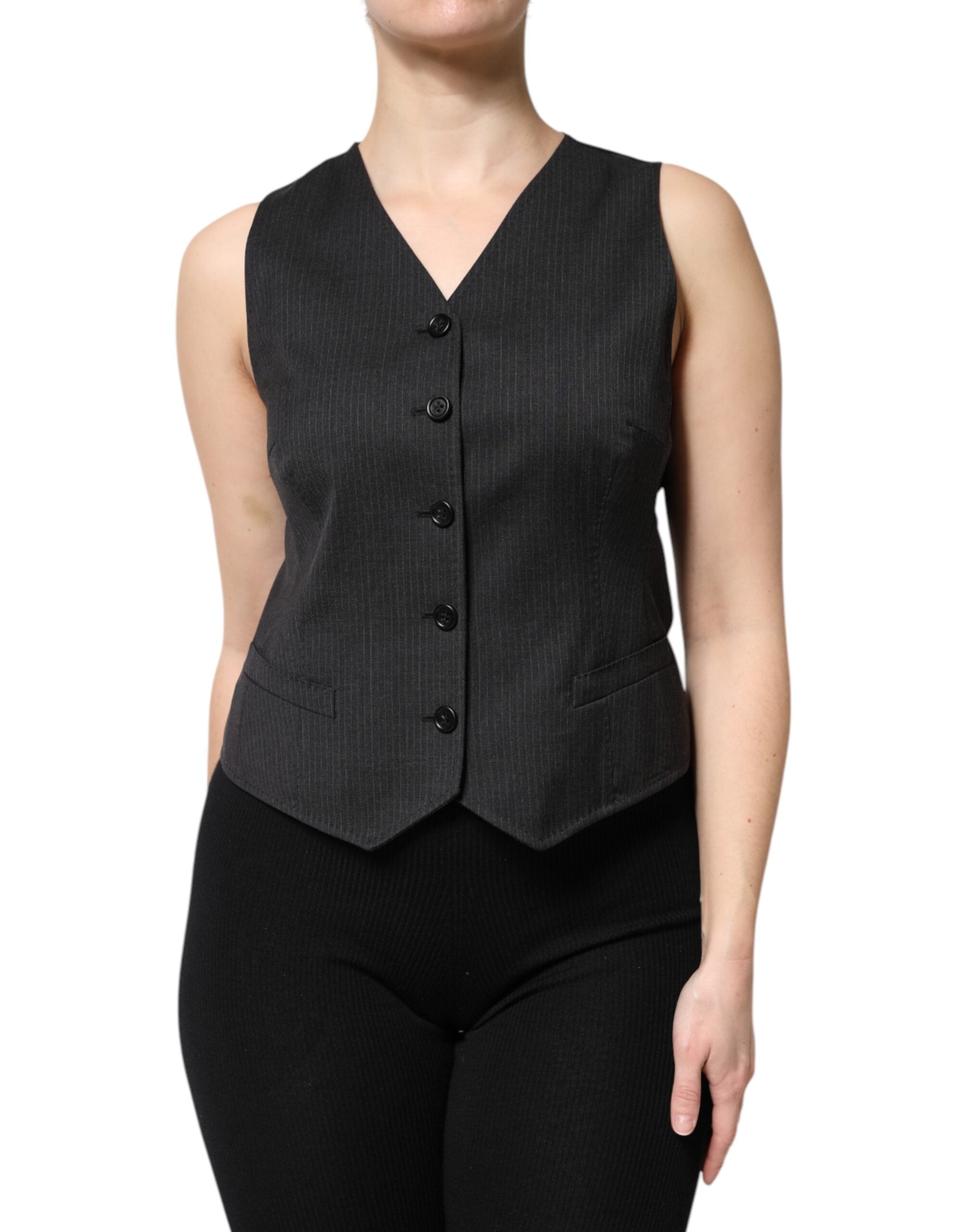 Dolce & Gabbana Black Striped Button Down Sleeveless Vest Women's Top