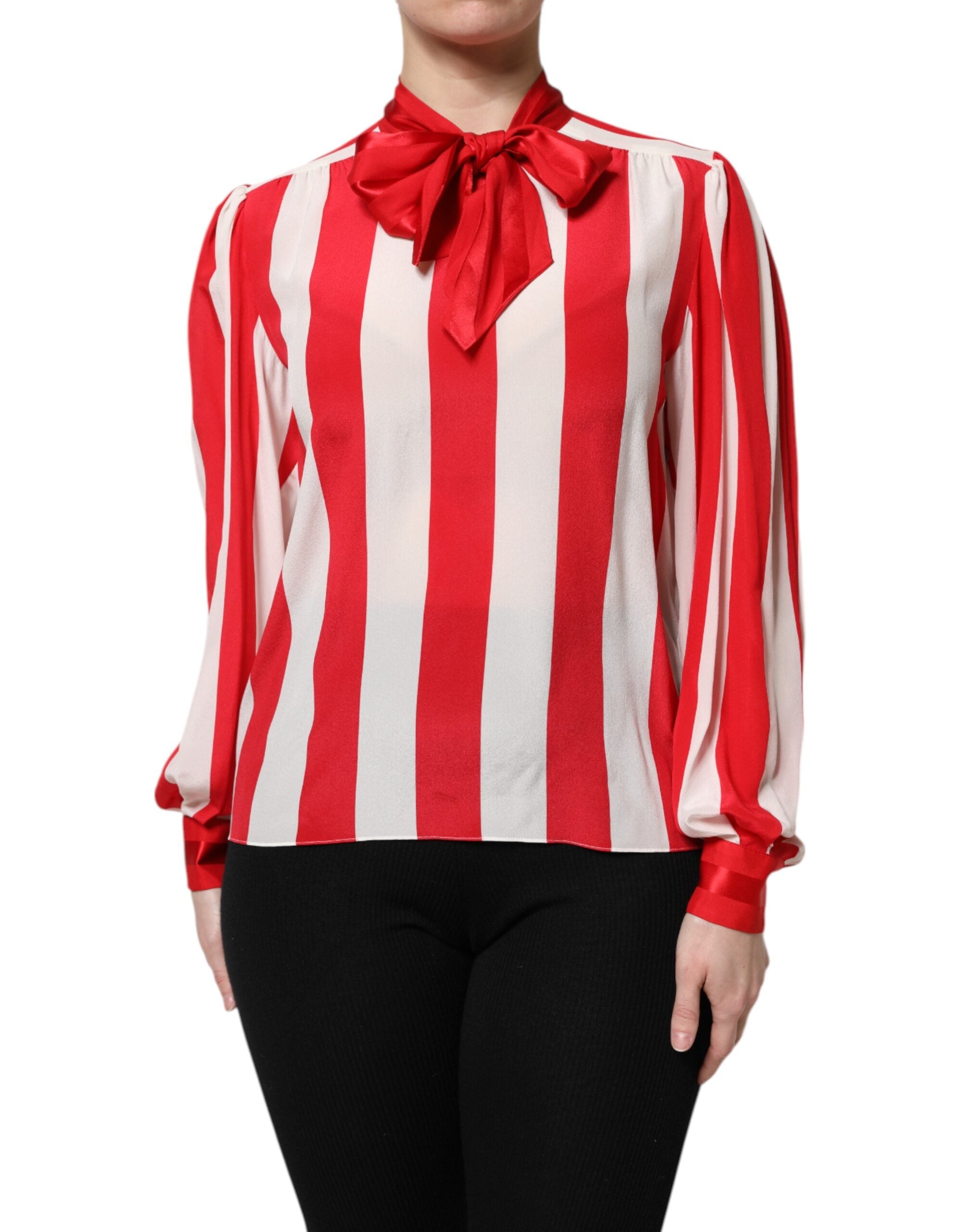 Dolce & Gabbana Red White Stripes Ascot Collar Blouse Women's Top