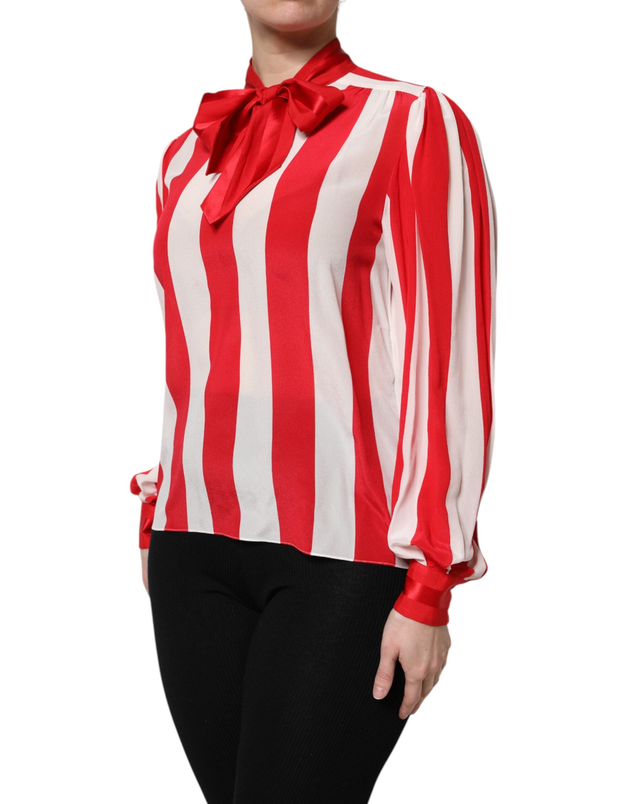 Dolce & Gabbana Red White Stripes Ascot Collar Blouse Women's Top