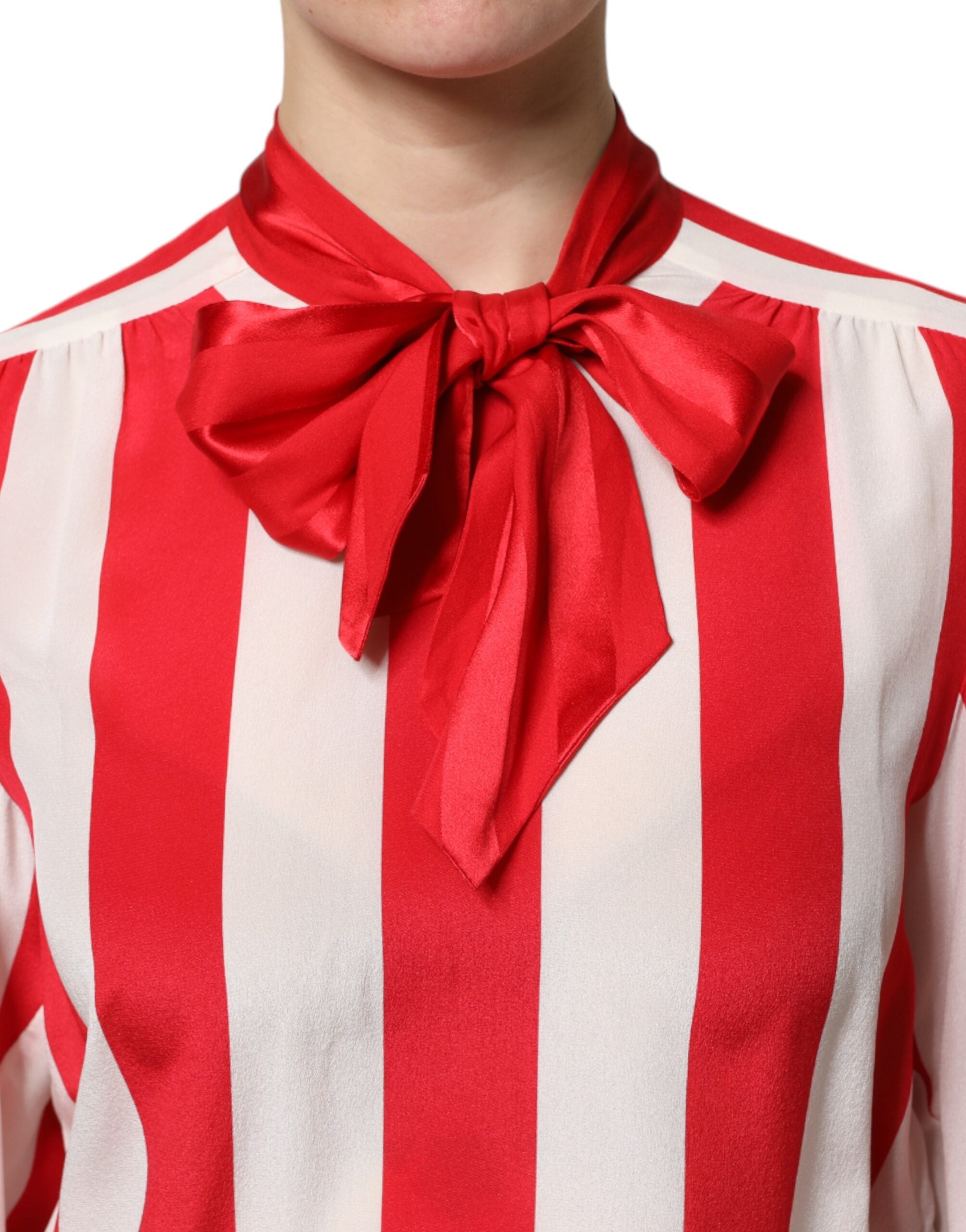 Dolce & Gabbana Red White Stripes Ascot Collar Blouse Women's Top