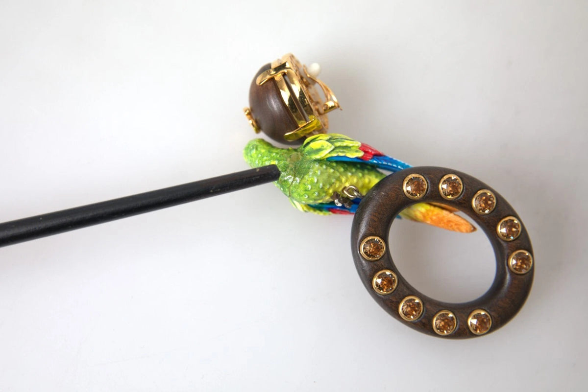 Dolce & Gabbana Multicolor Parrot Wood Brass Crystal Embellished Women's Earrings (Pre-Owned)