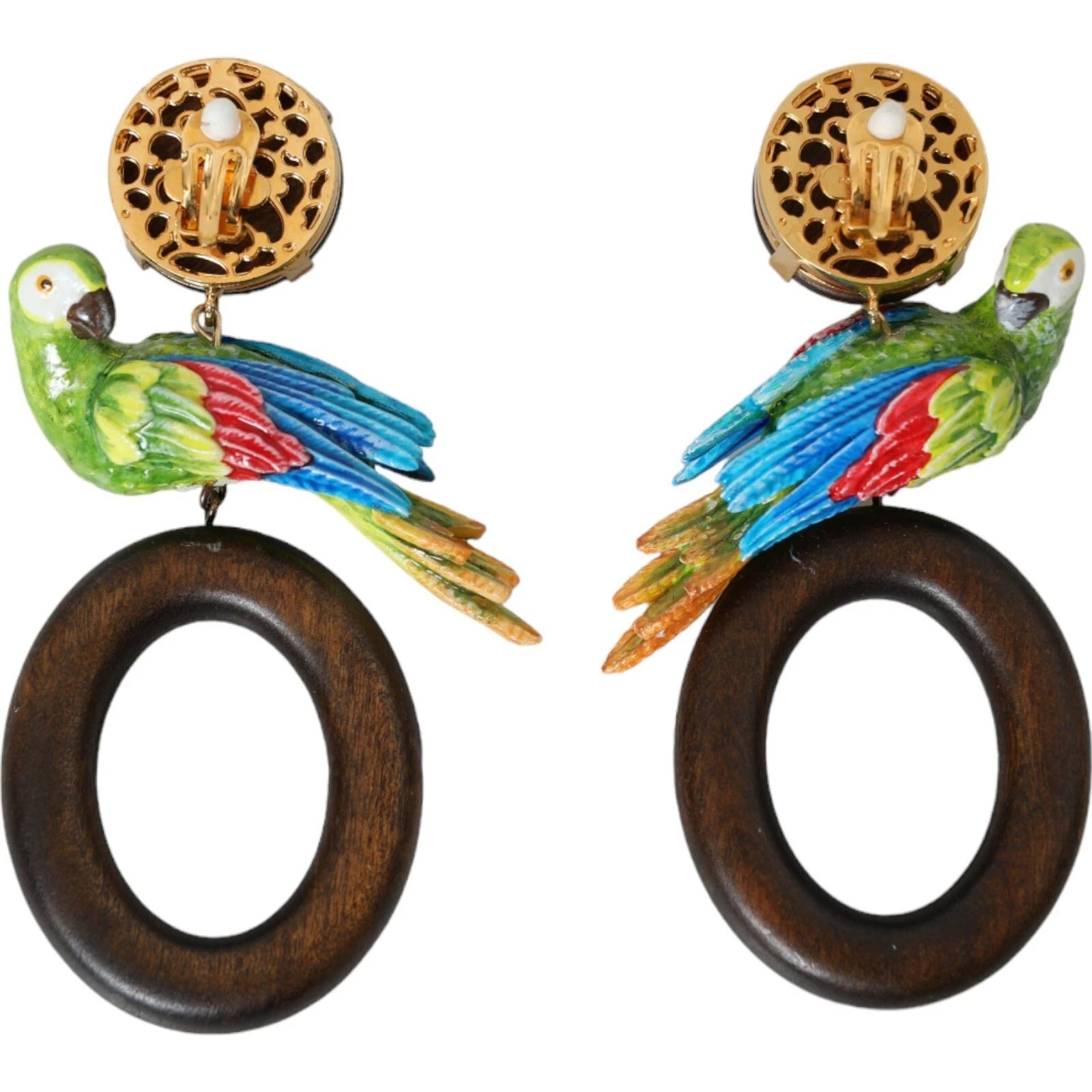 Dolce & Gabbana Multicolor Parrot Wood Brass Crystal Embellished Women's Earrings (Pre-Owned)