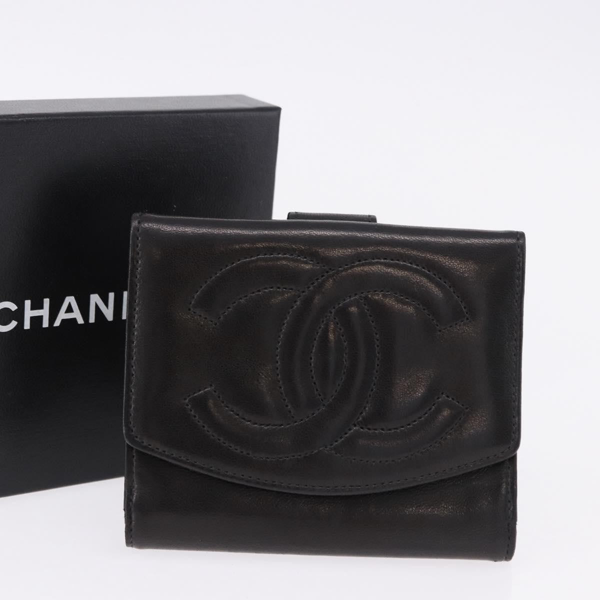 Chanel Vintage Timeless Bifold Lambskin Black Leather Wallets Accessory (Pre-Owned)