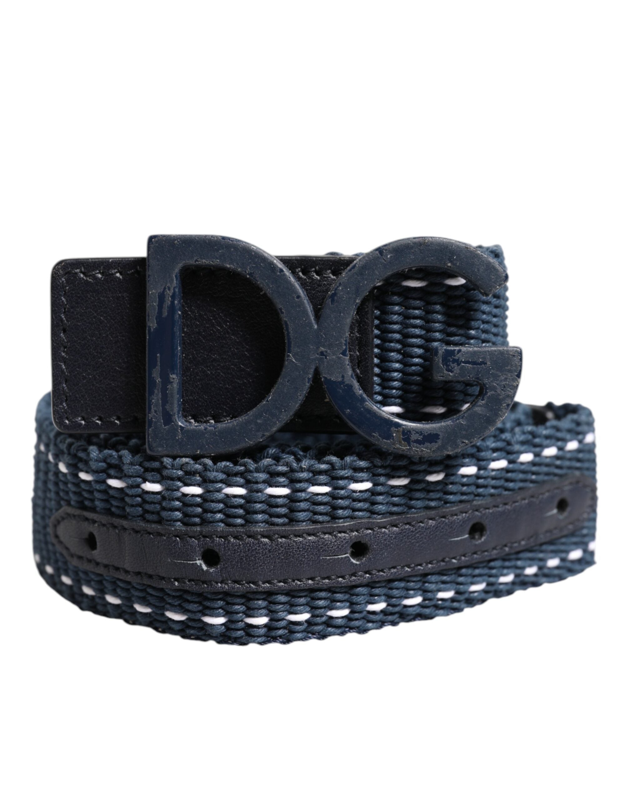 Dolce & Gabbana Blue Cotton Leather DG Logo Metal Buckle Men's Belt (Pre-Owned)