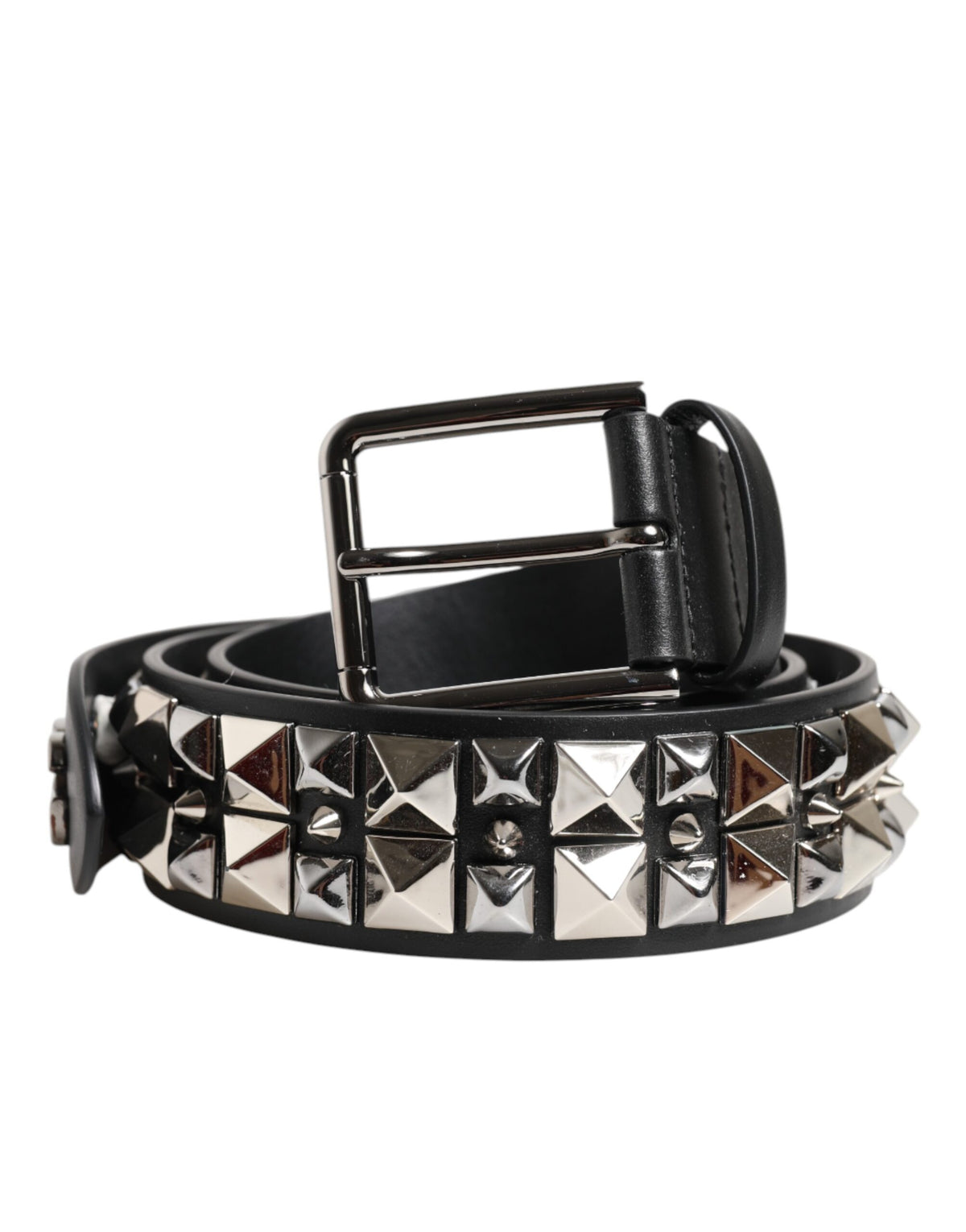 Dolce & Gabbana Black Calf Leather Studded Silver Buckle Men's Belt