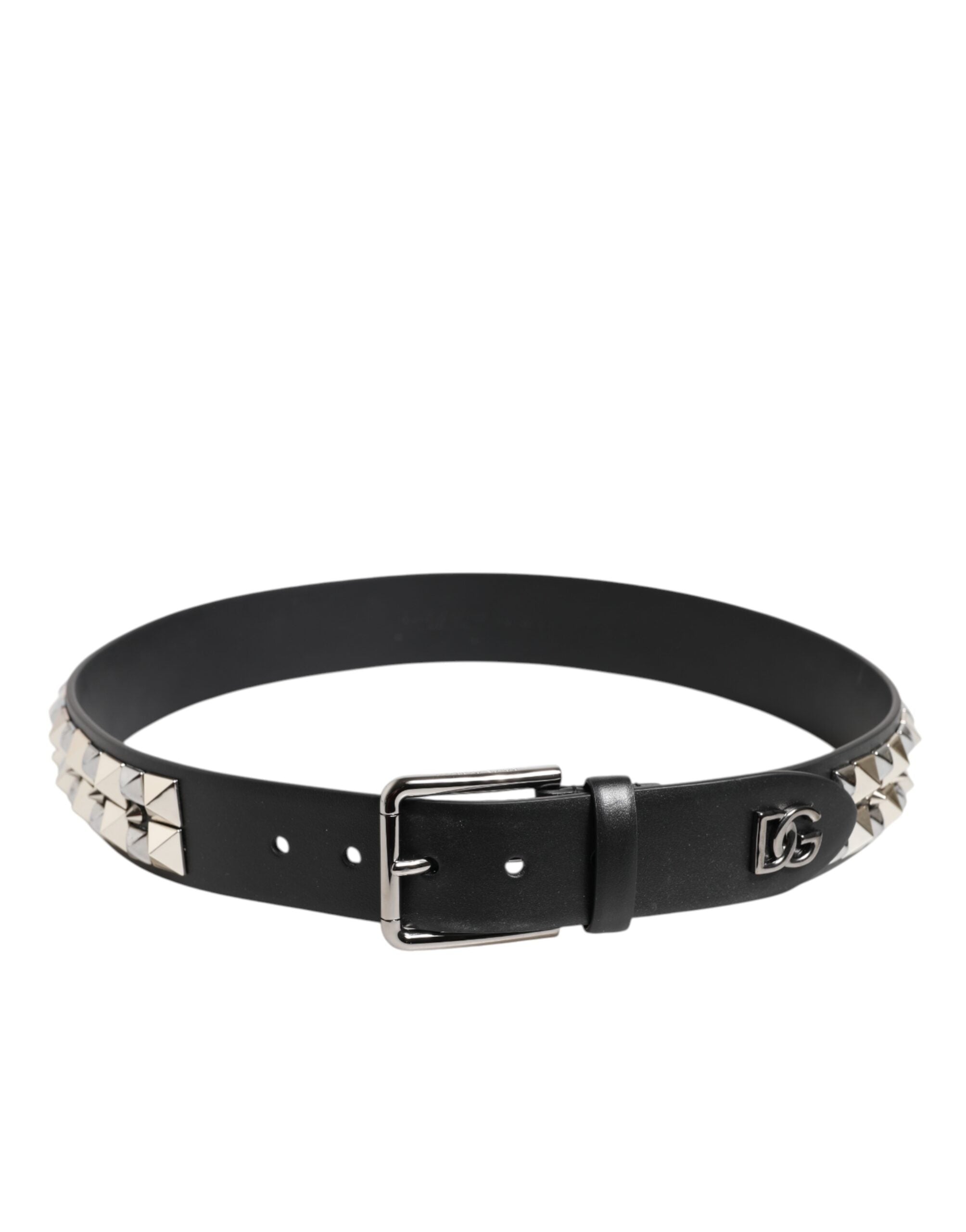 Dolce & Gabbana Black Calf Leather Studded Silver Buckle Men's Belt