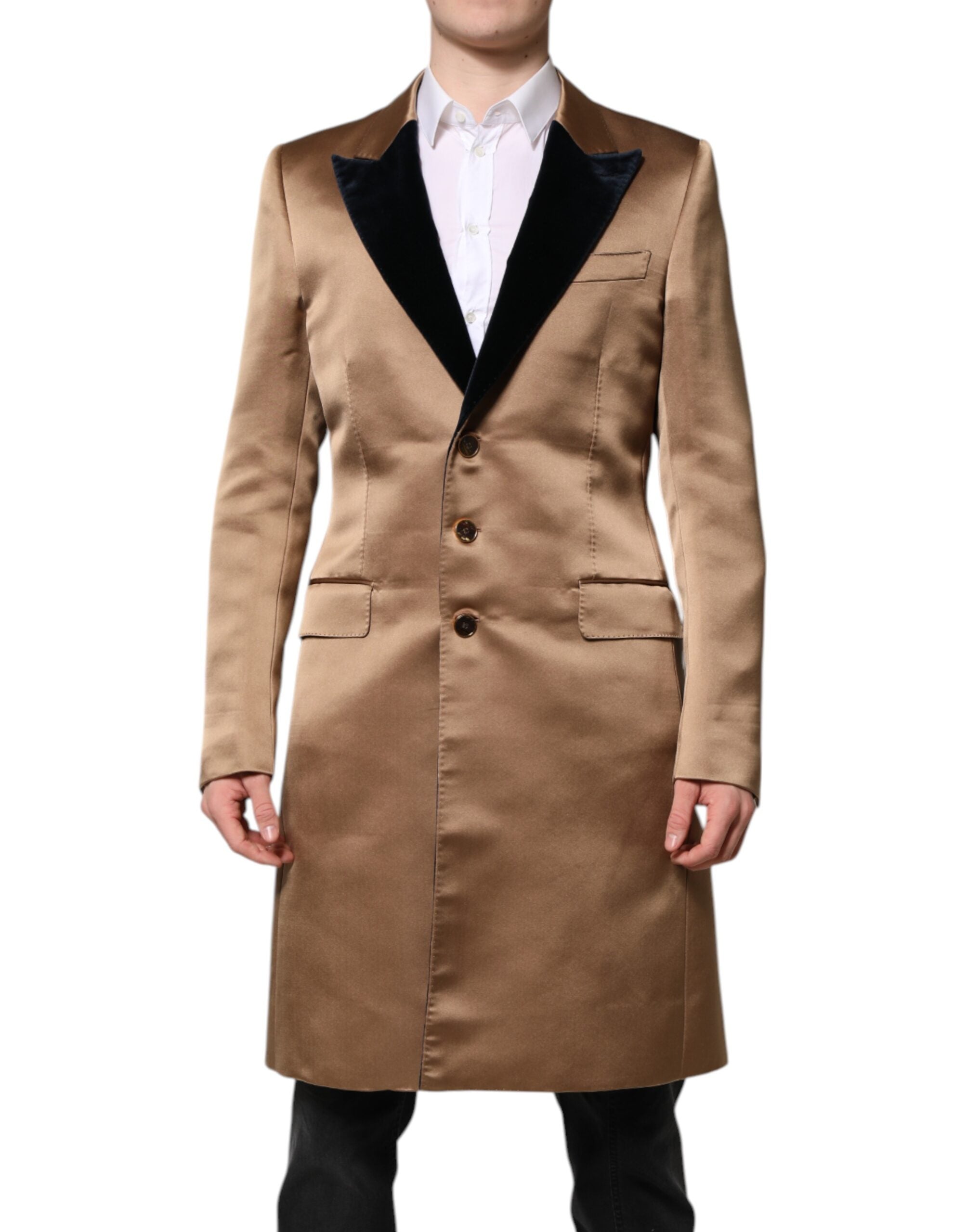 Dolce & Gabbana Brown Silk Single Breasted Trench Coat Men's Jacket
