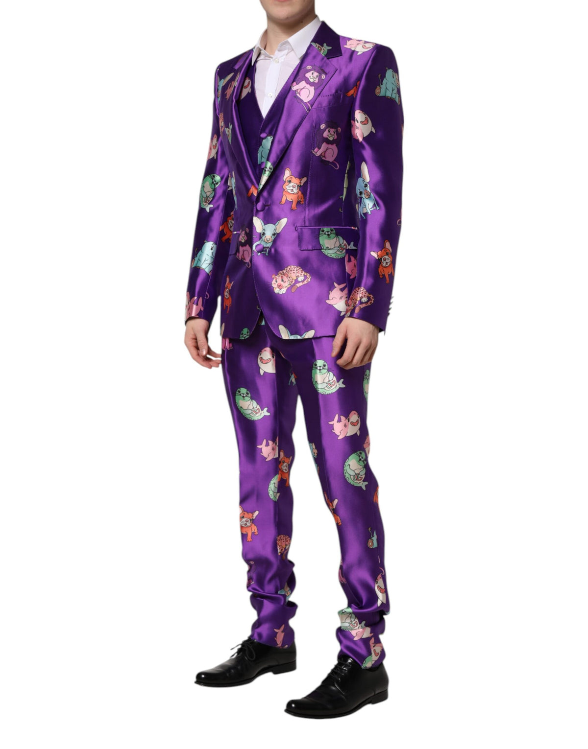 Dolce & Gabbana Purple Silk Animal Print 3 Piece Men's Suit