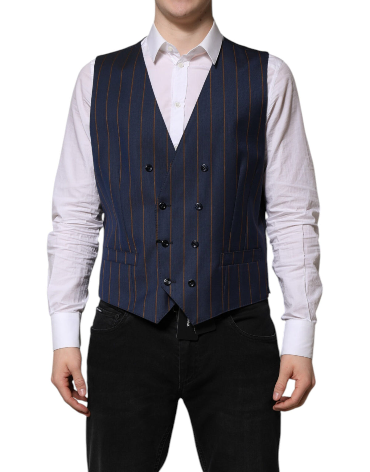 Dolce & Gabbana Blue Stripes Wool Formal Men Waistcoat Men's Vest