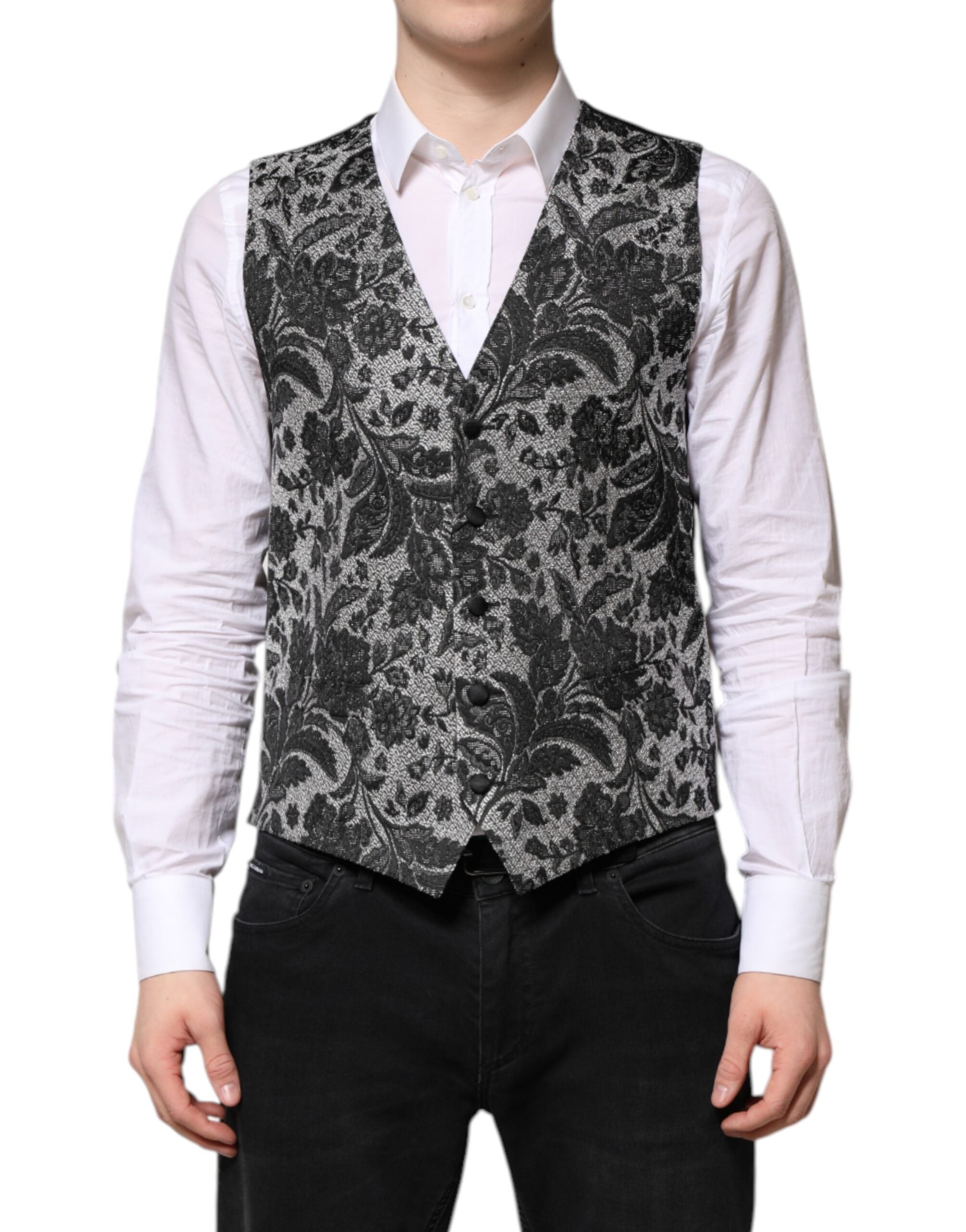 Dolce & Gabbana Black Gray Brocade Formal Men Waistcoat Men's Vest