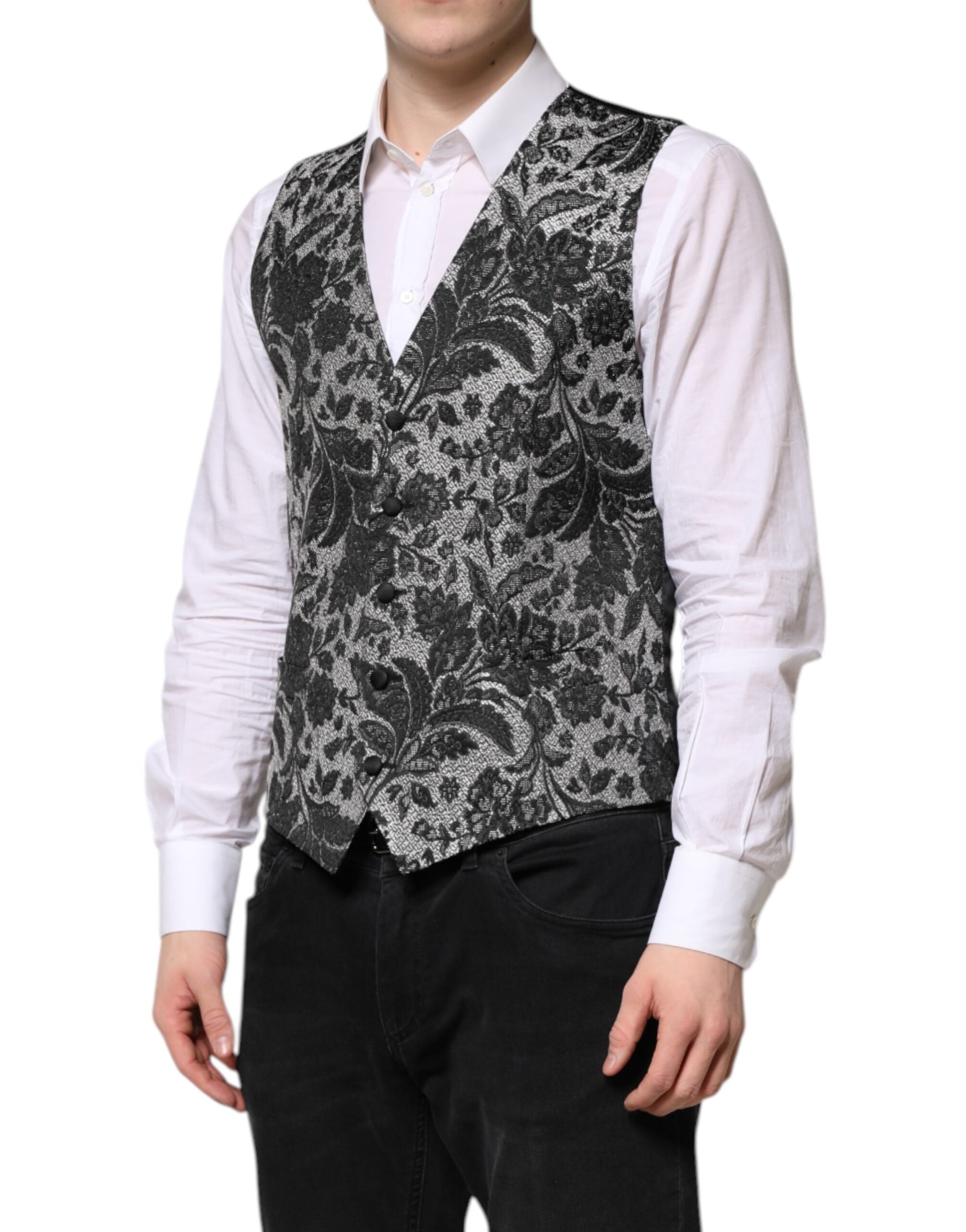 Dolce & Gabbana Black Gray Brocade Formal Men Waistcoat Men's Vest