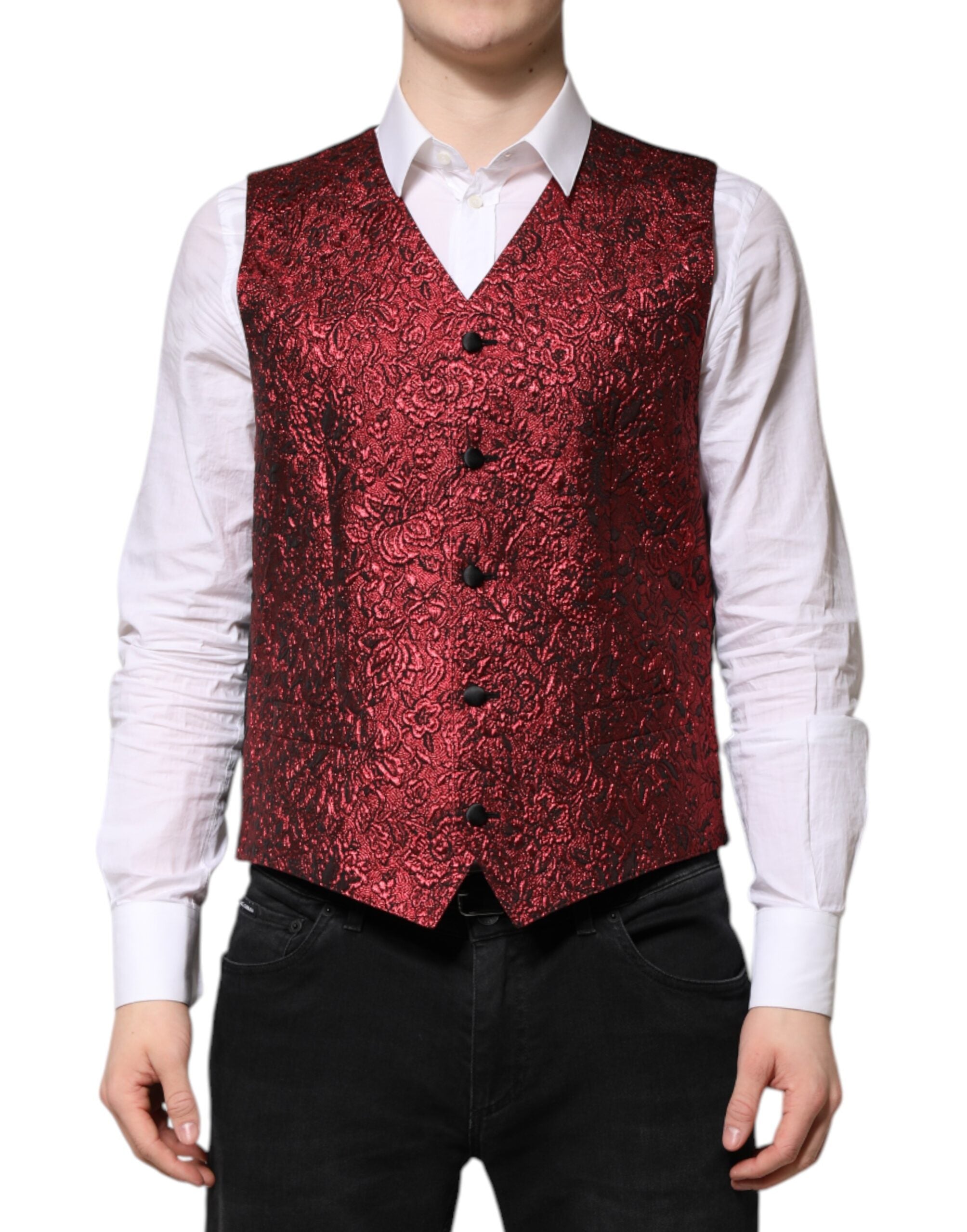 Dolce & Gabbana Red Floral Brocade Formal Men Waistcoat Men's Vest