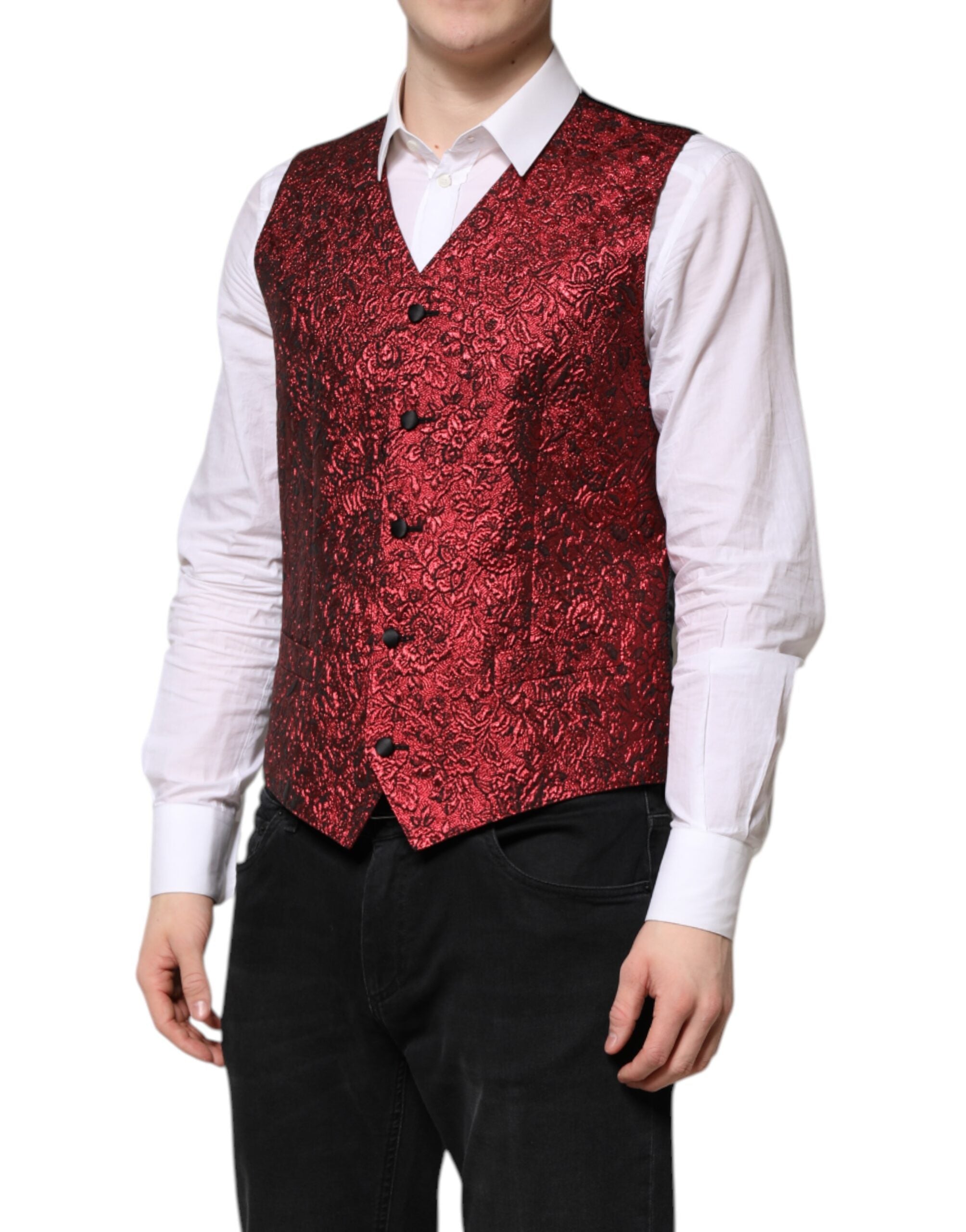 Dolce & Gabbana Red Floral Brocade Formal Men Waistcoat Men's Vest