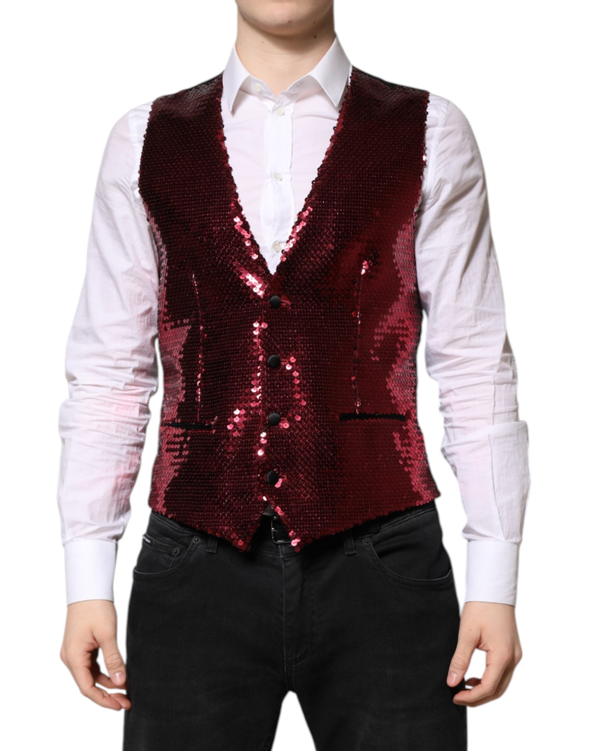 Dolce & Gabbana Red Sequined Dress Formal Men Waistcoat Men's Vest