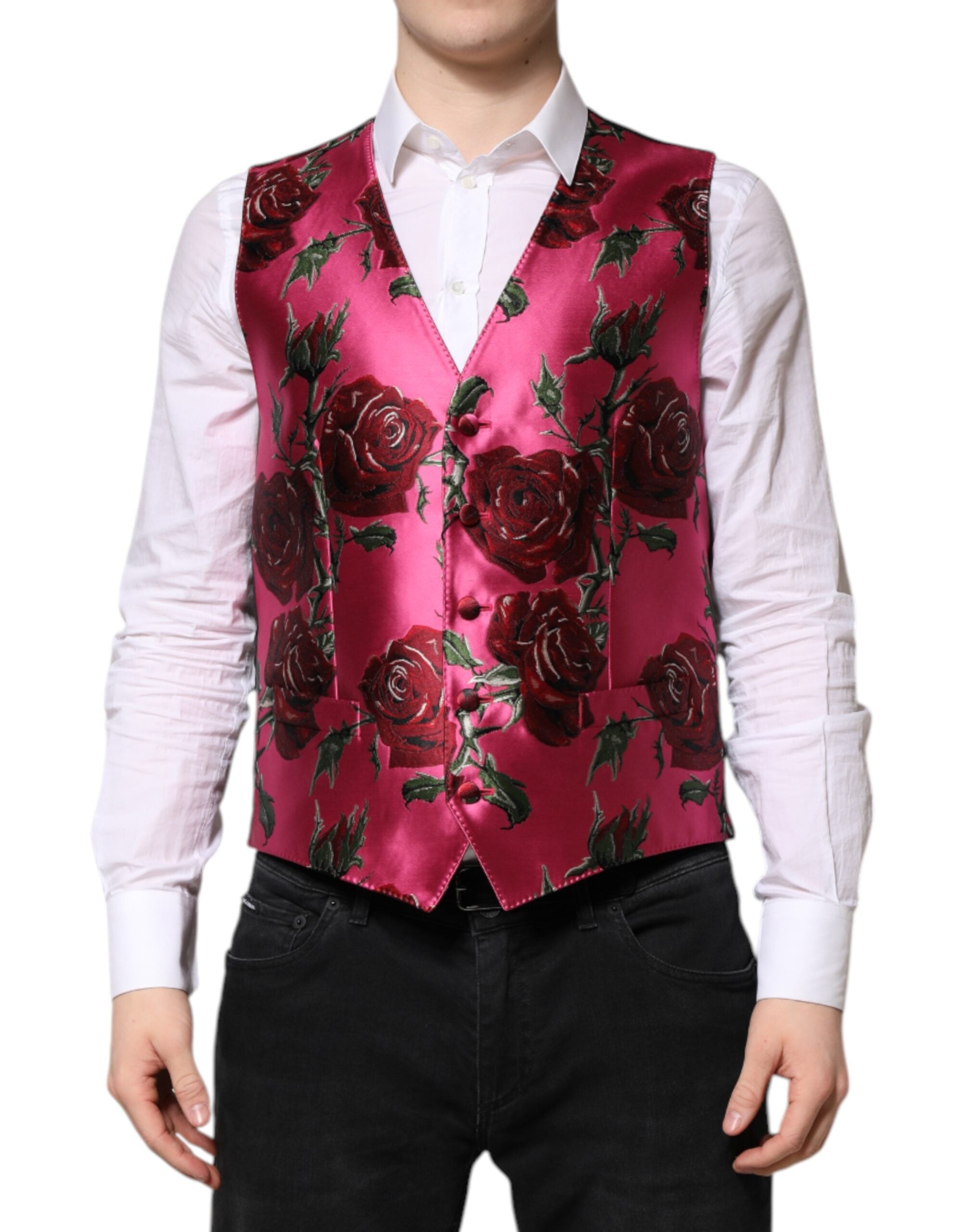 Dolce & Gabbana Pink Floral Satin Formal Men Waistcoat Men's Vest