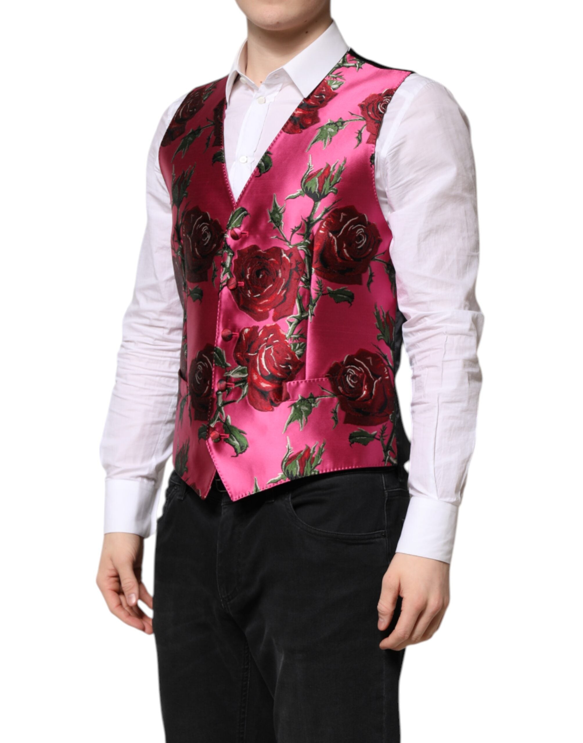 Dolce & Gabbana Pink Floral Satin Formal Men Waistcoat Men's Vest