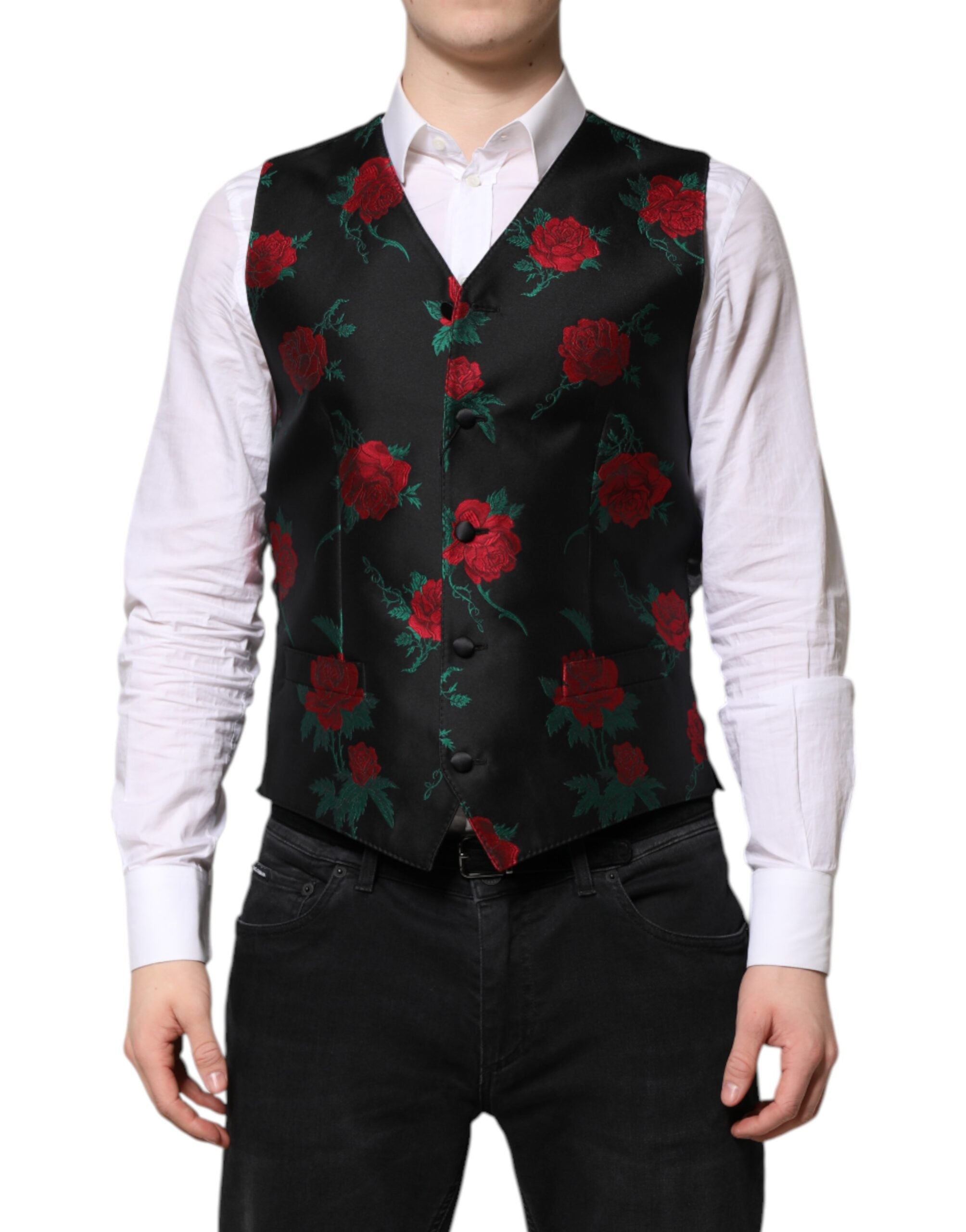 Dolce & Gabbana Red Floral Brocade Formal Men Waistcoat Men's Vest