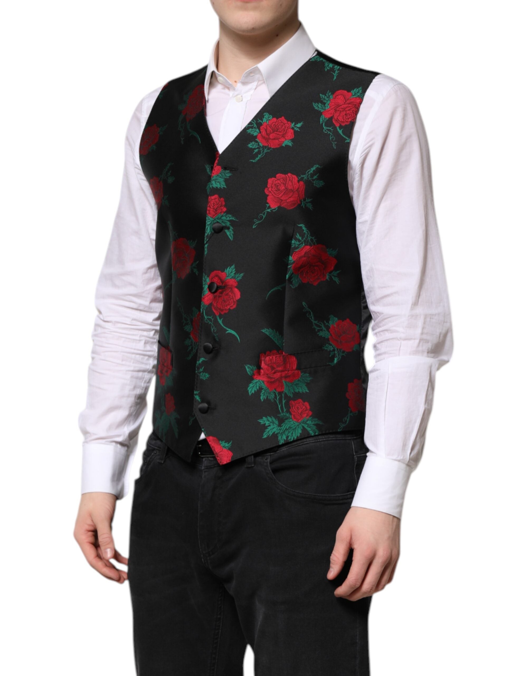 Dolce & Gabbana Red Floral Brocade Formal Men Waistcoat Men's Vest