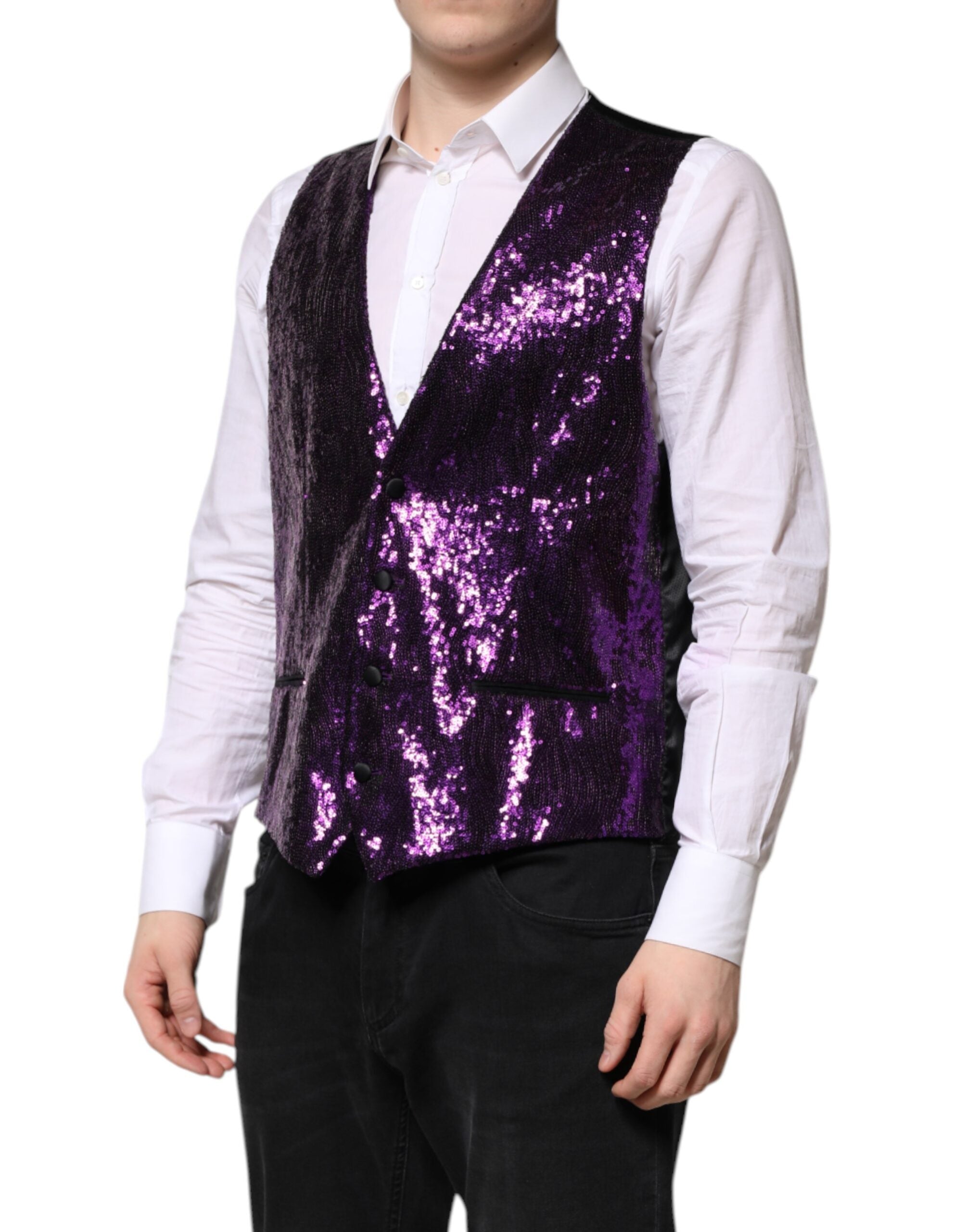 Dolce & Gabbana Purple Sequined Dress Formal Waistcoat Men's Vest