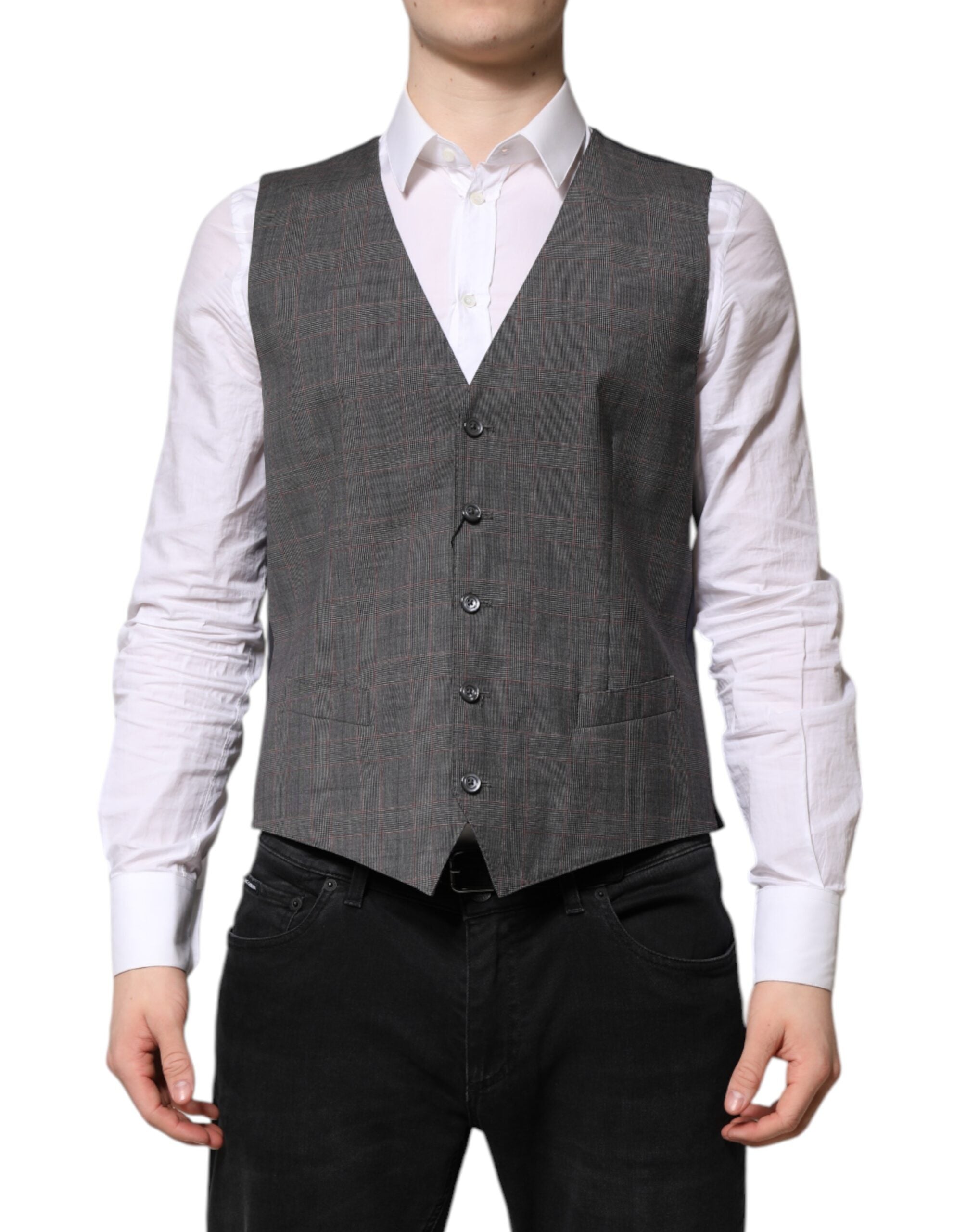 Dolce & Gabbana Gray Plaid Wool Formal Dress Waistcoat Men's Vest