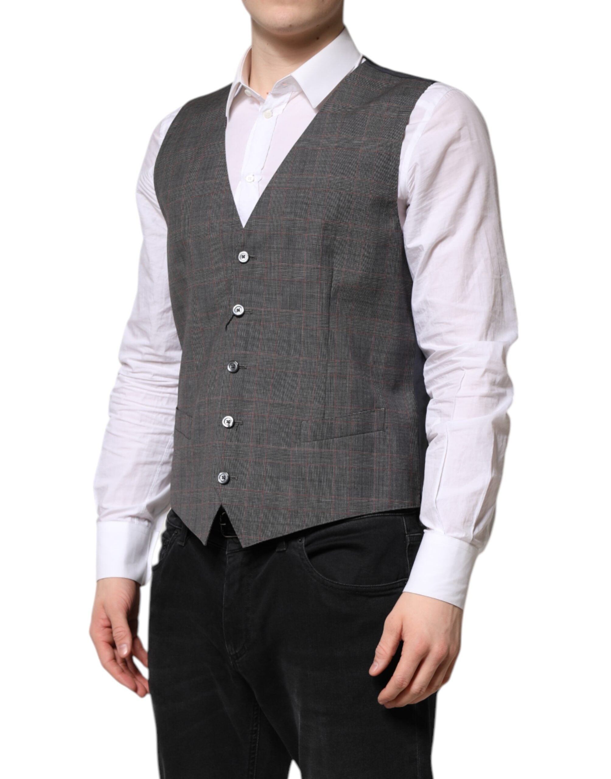 Dolce & Gabbana Gray Plaid Wool Formal Dress Waistcoat Men's Vest